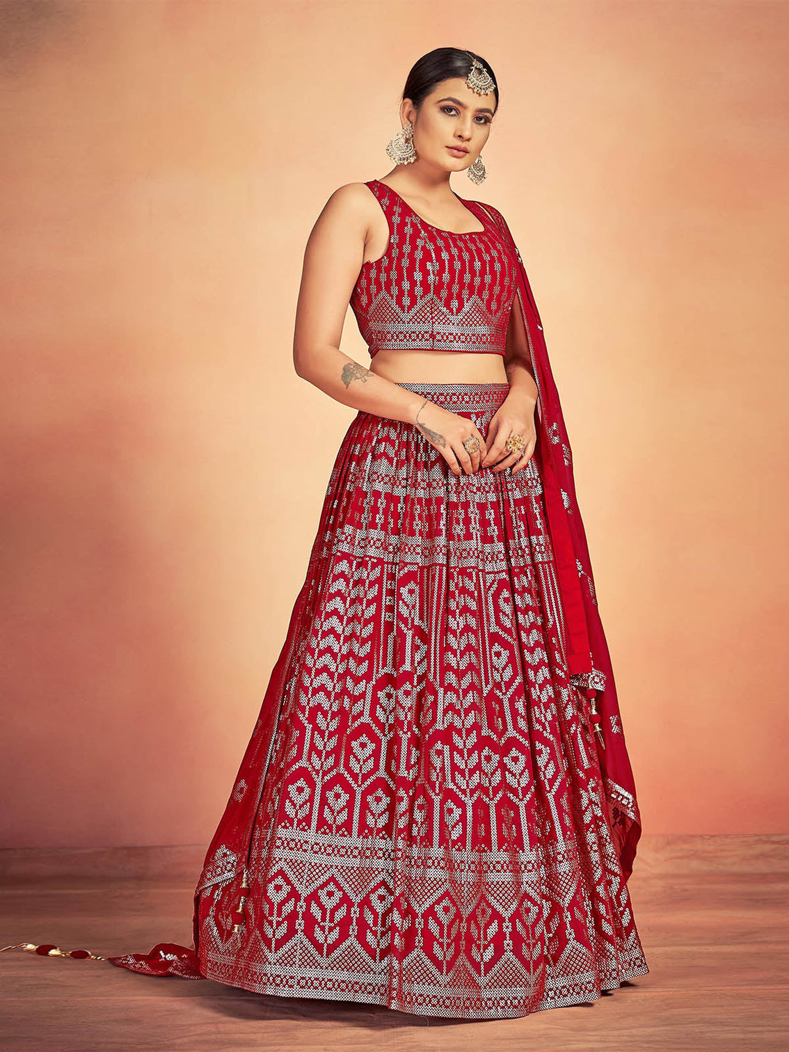 Red Georgette Sequins Stitched Lehenga Choli