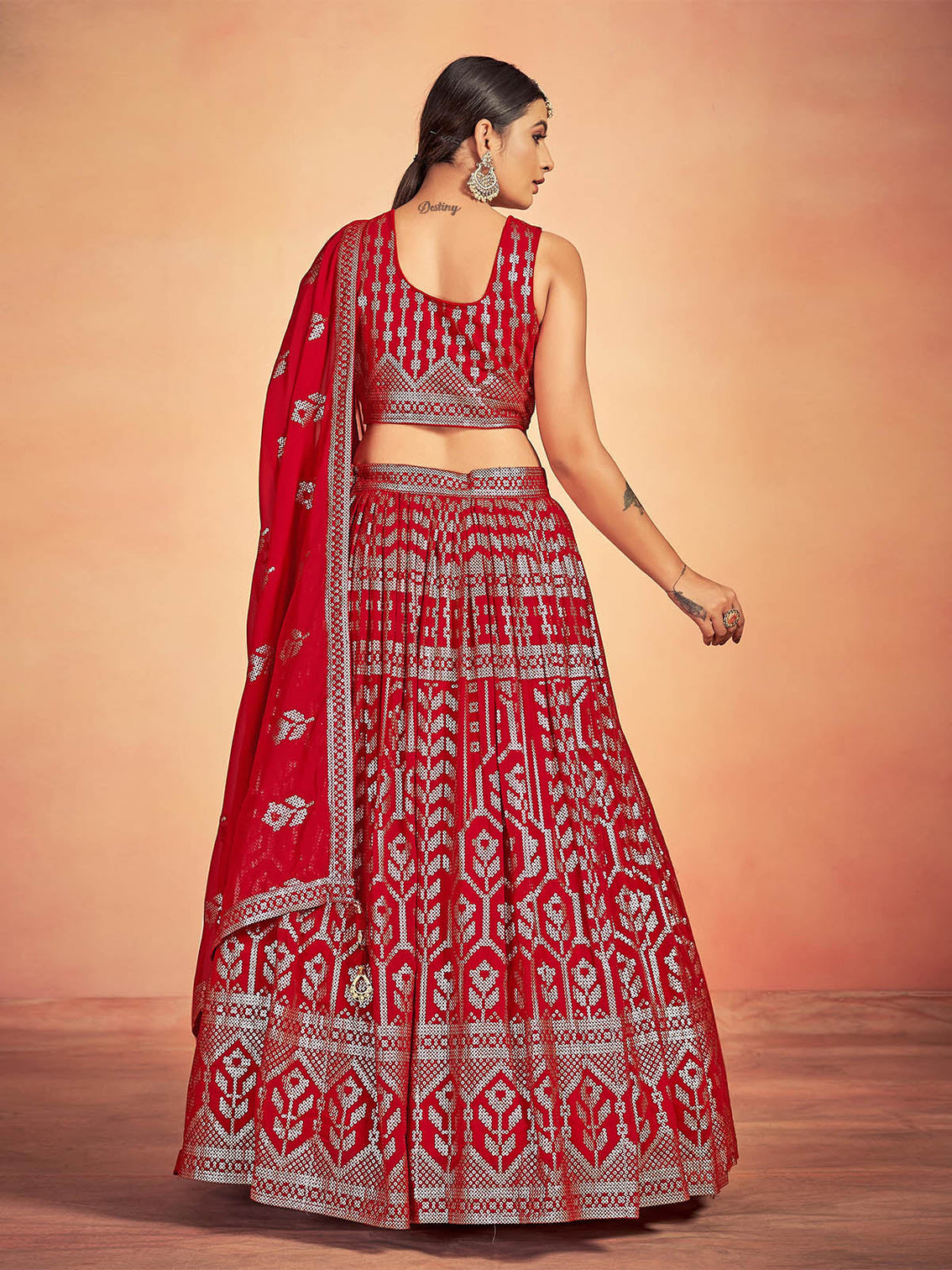 Red Georgette Sequins Stitched Lehenga Choli