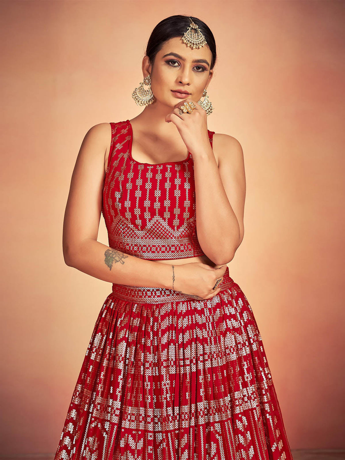 Red Georgette Sequins Stitched Lehenga Choli