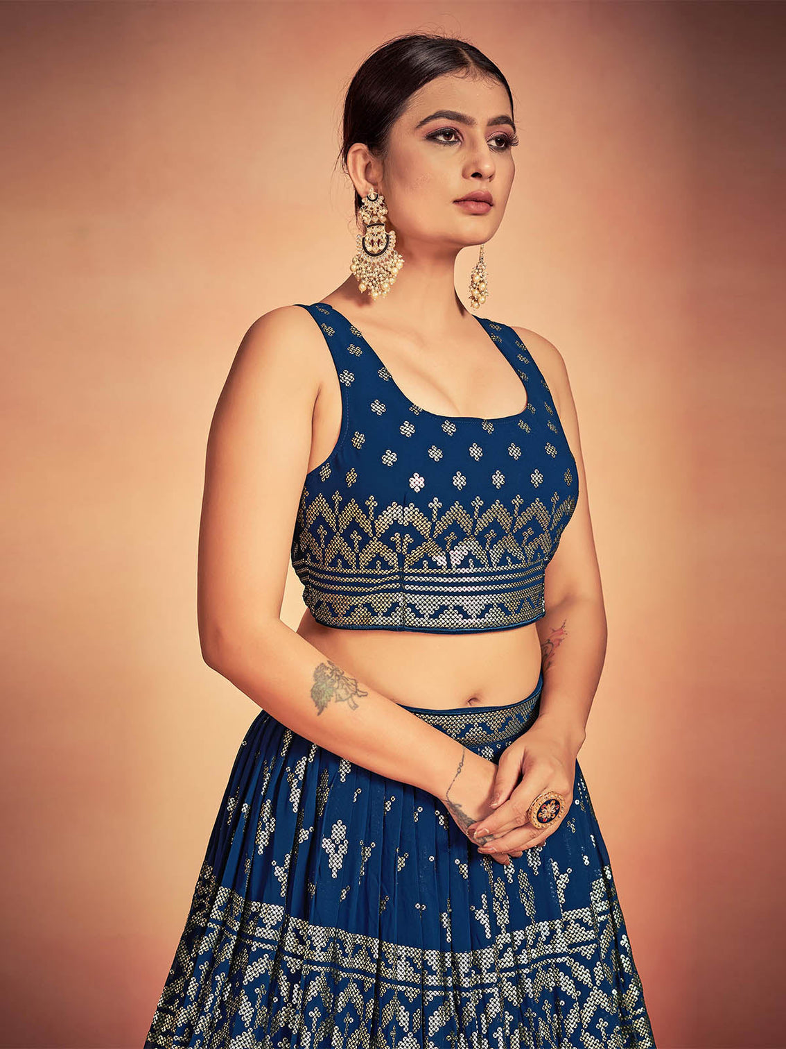 Blue Georgette Sequins Stitched Lehenga Choli
