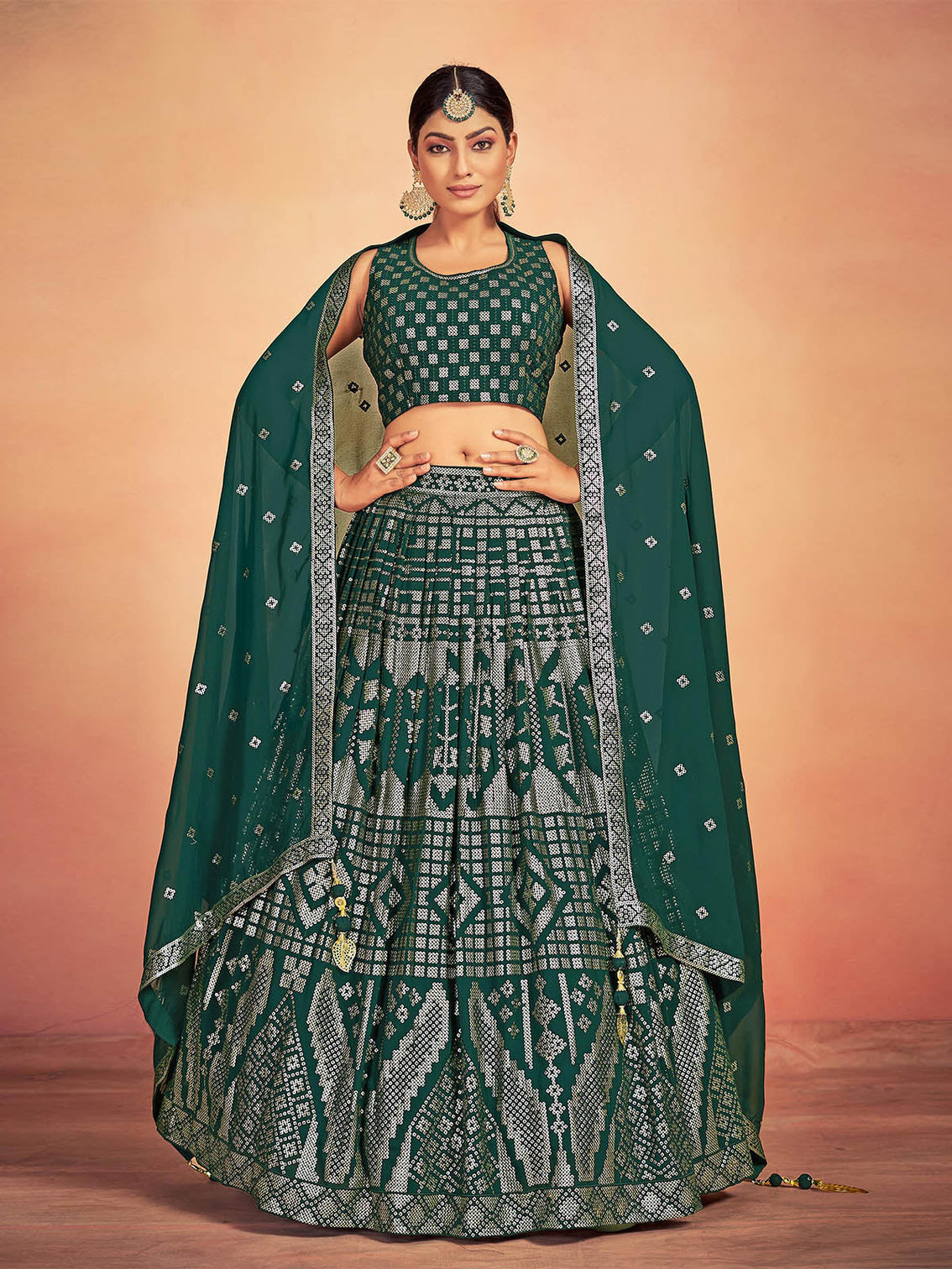 Green Georgette Sequins Stitched Lehenga Choli
