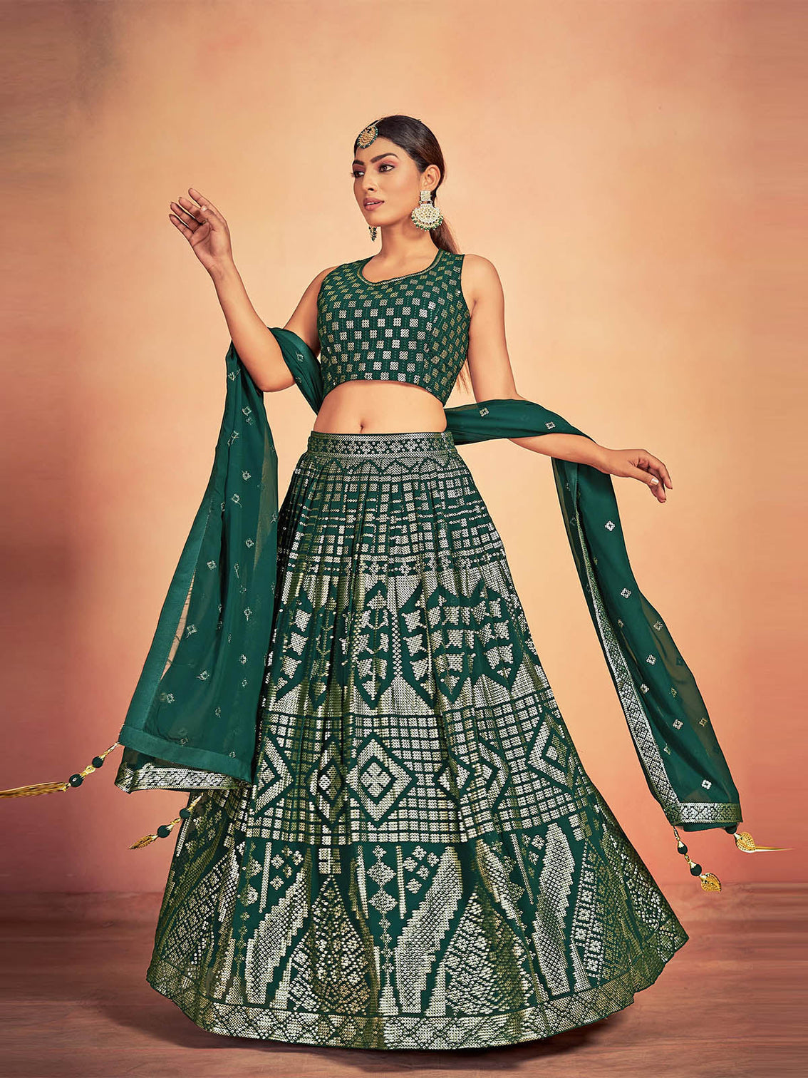 Green Georgette Sequins Stitched Lehenga Choli