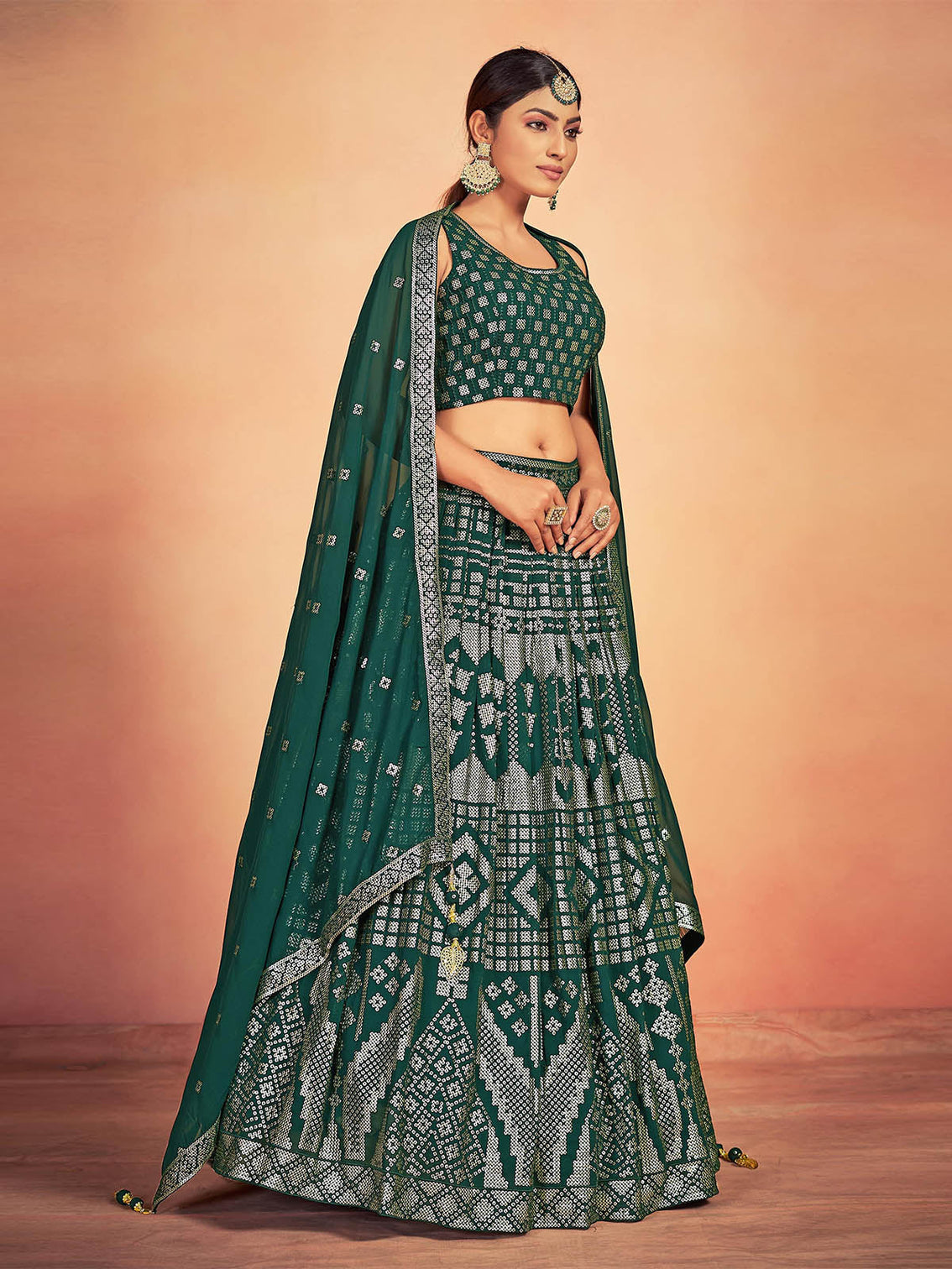 Green Georgette Sequins Stitched Lehenga Choli