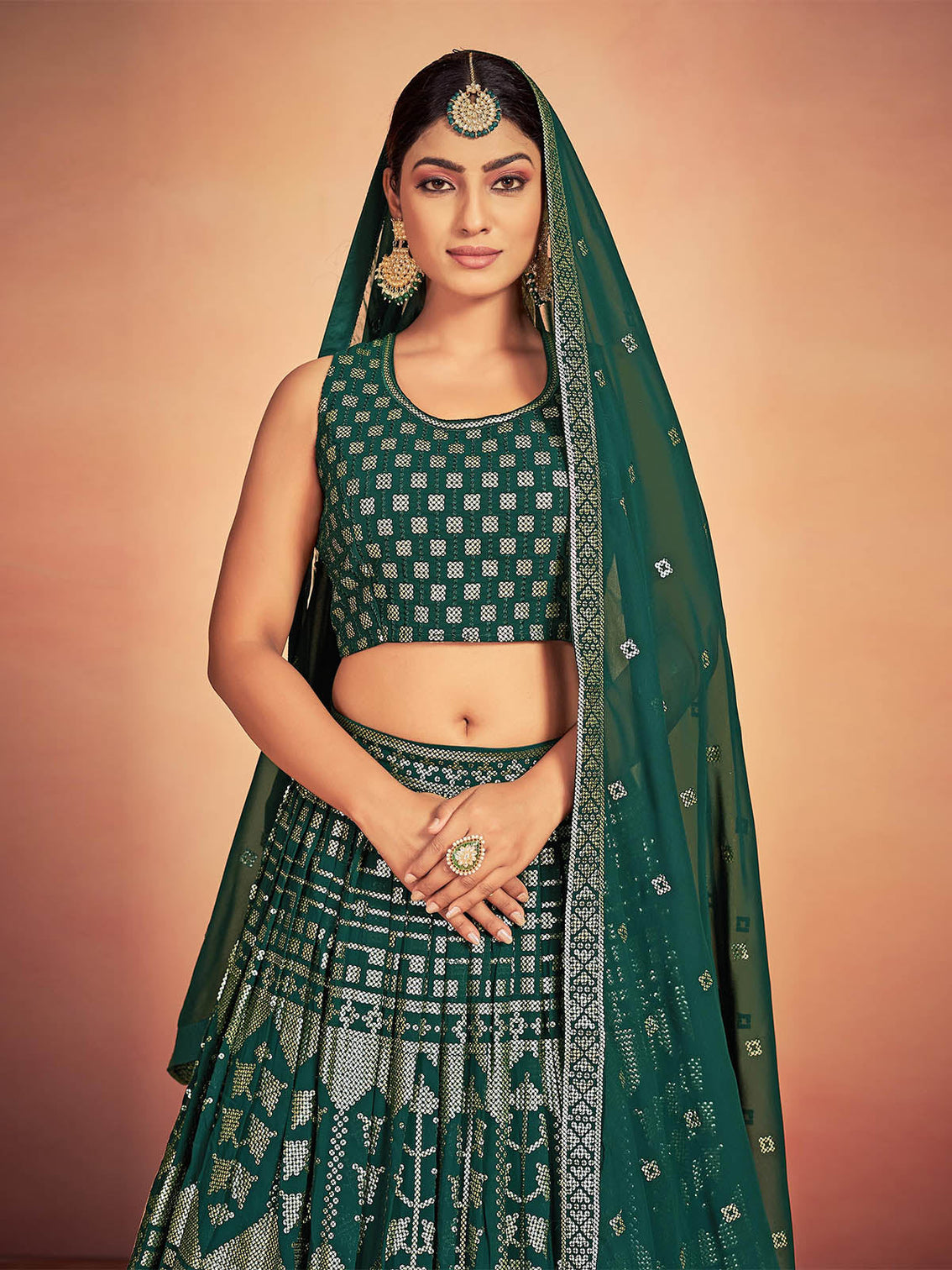 Green Georgette Sequins Stitched Lehenga Choli