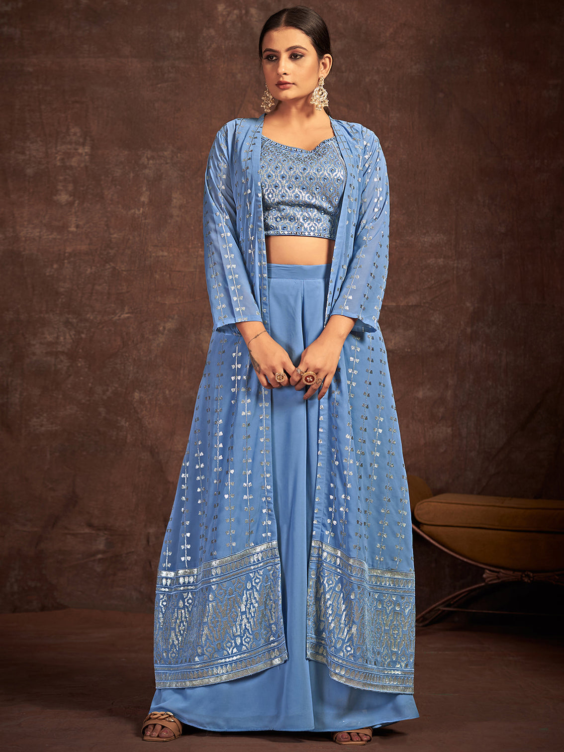Blue Georgette Stitched Sequins Indo Western
