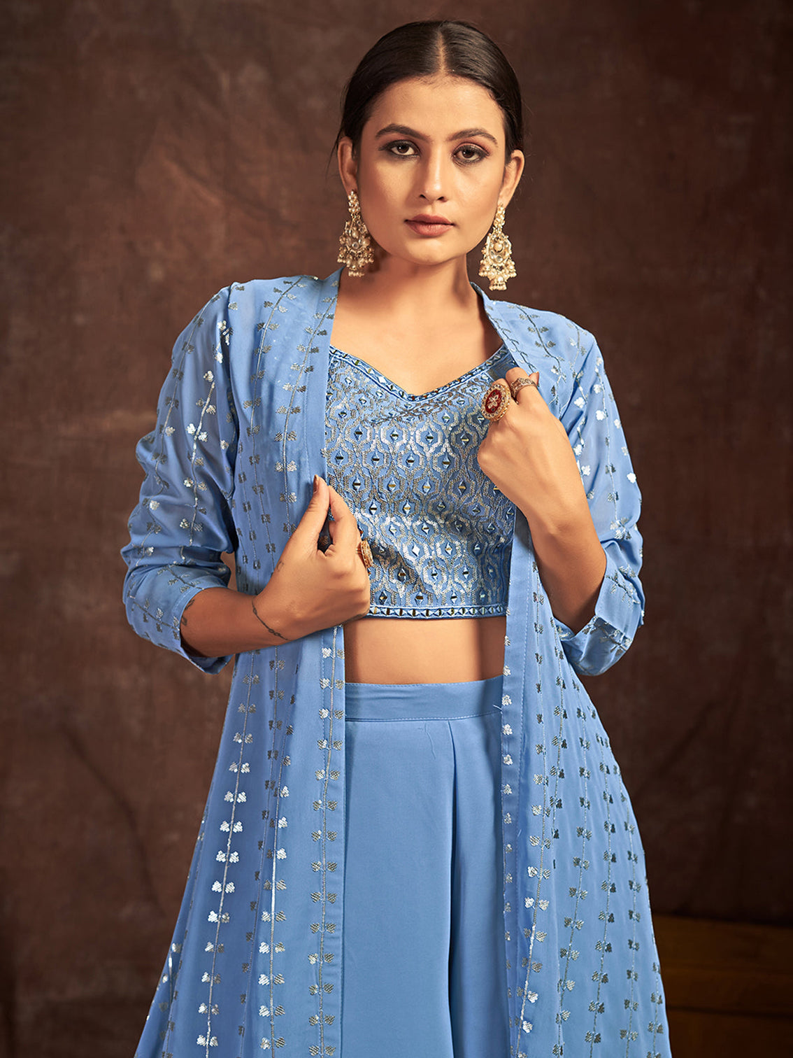 Blue Georgette Stitched Sequins Indo Western