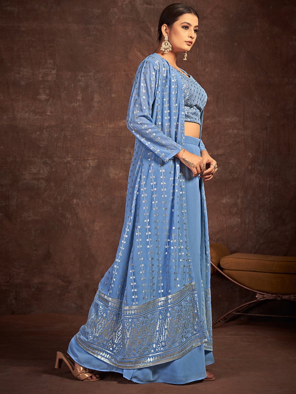 Blue Georgette Stitched Sequins Indo Western