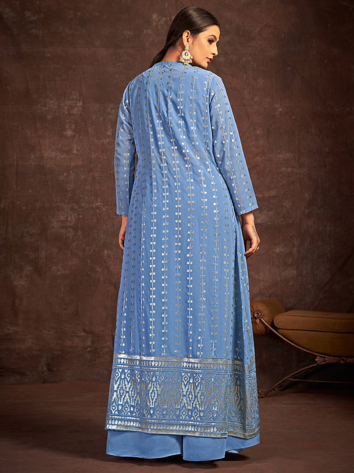 Blue Georgette Stitched Sequins Indo Western