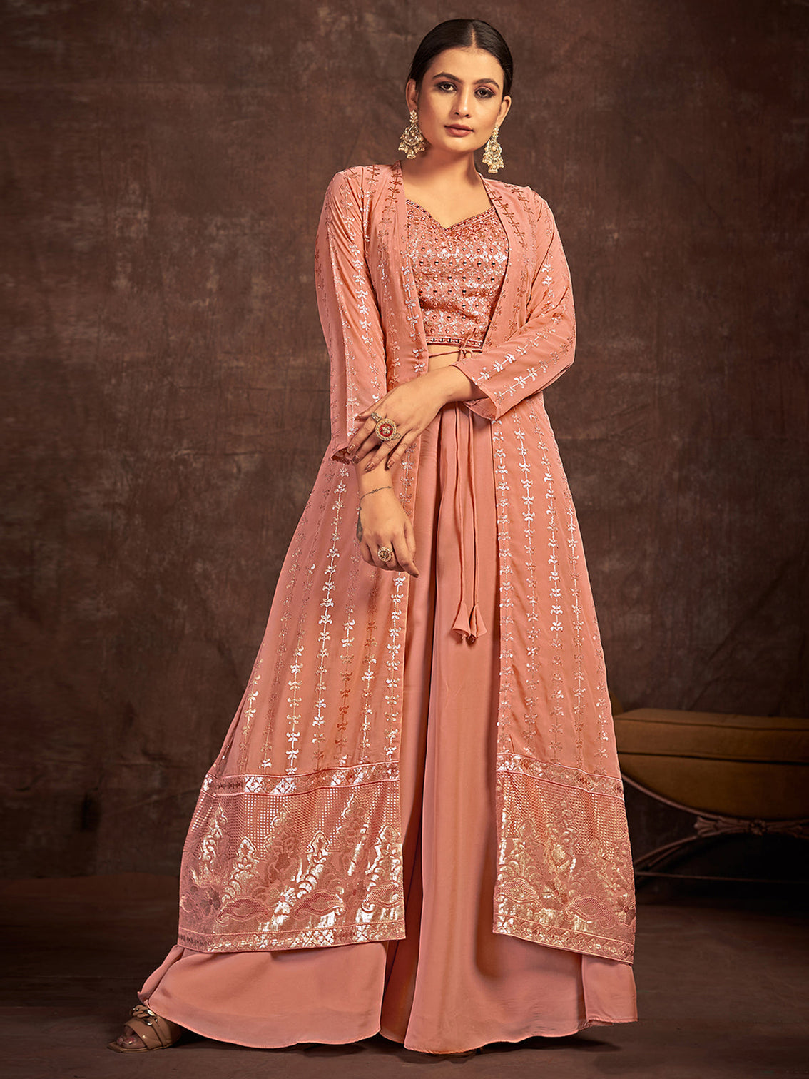 Peach Georgette Stitched Sequins Indo Western