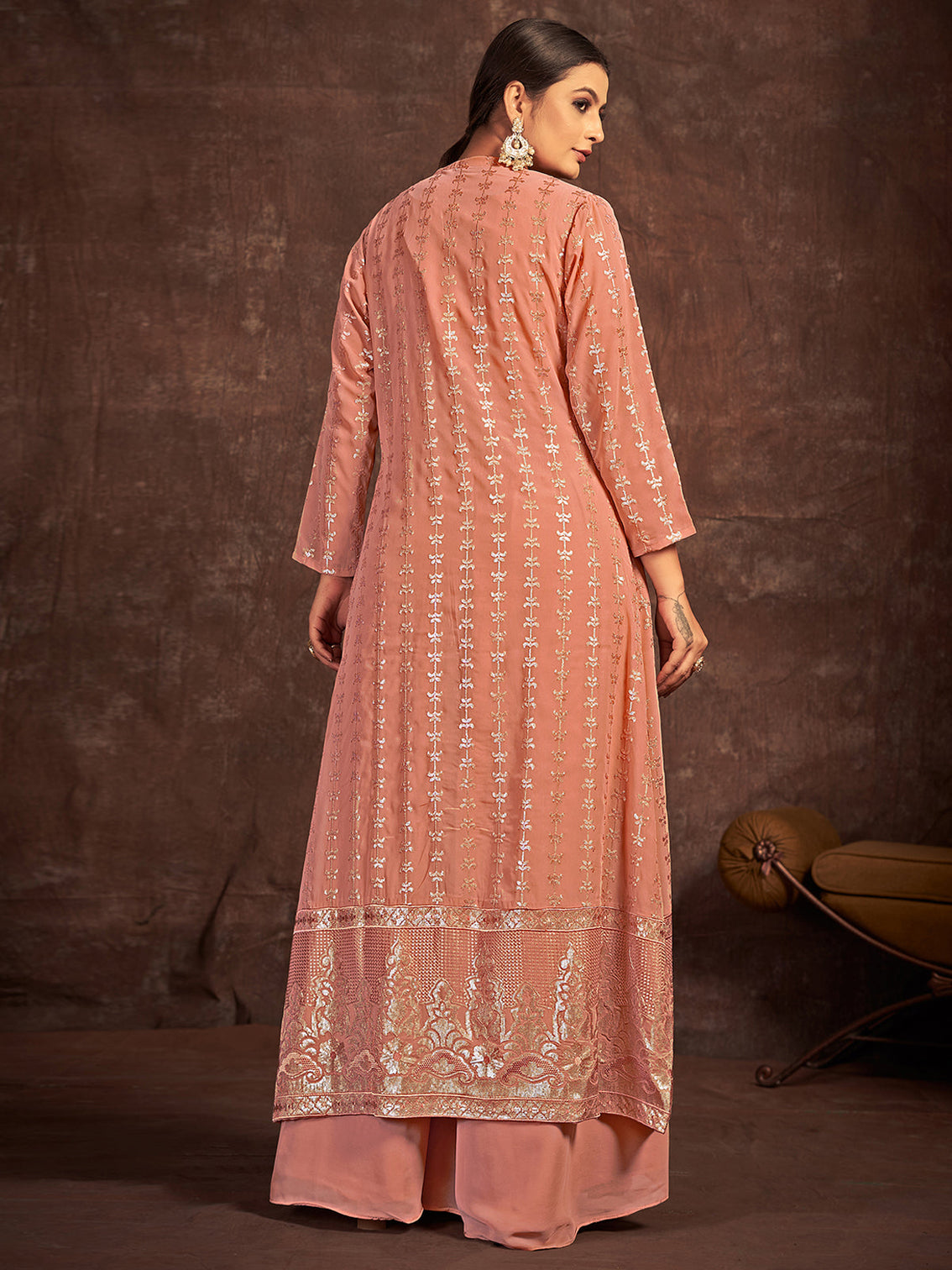 Peach Georgette Stitched Sequins Indo Western