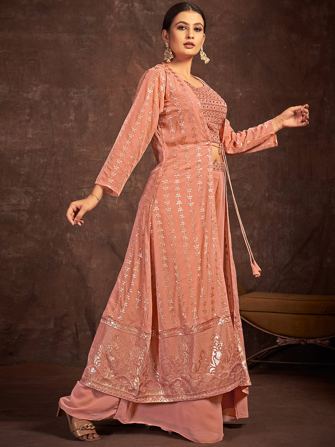 Peach Georgette Stitched Sequins Indo Western