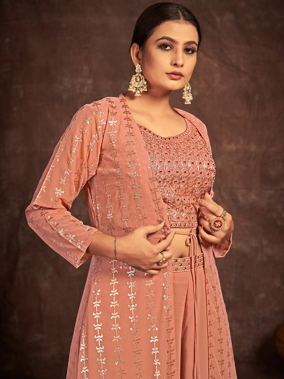 Peach Georgette Stitched Sequins Indo Western