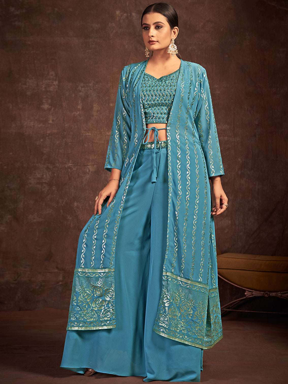 Teal Georgette Stitched Sequins Indo Western