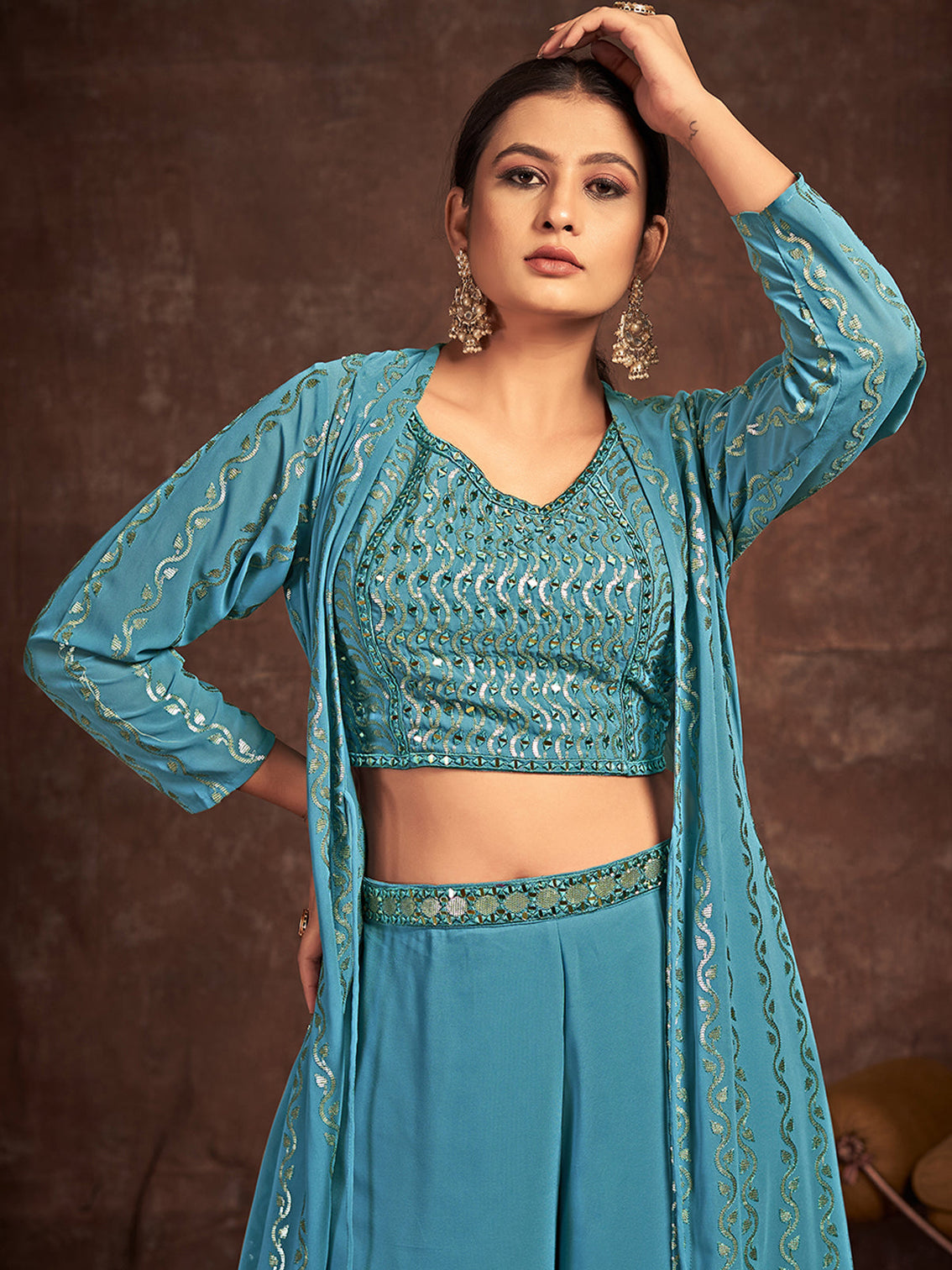 Teal Georgette Stitched Sequins Indo Western