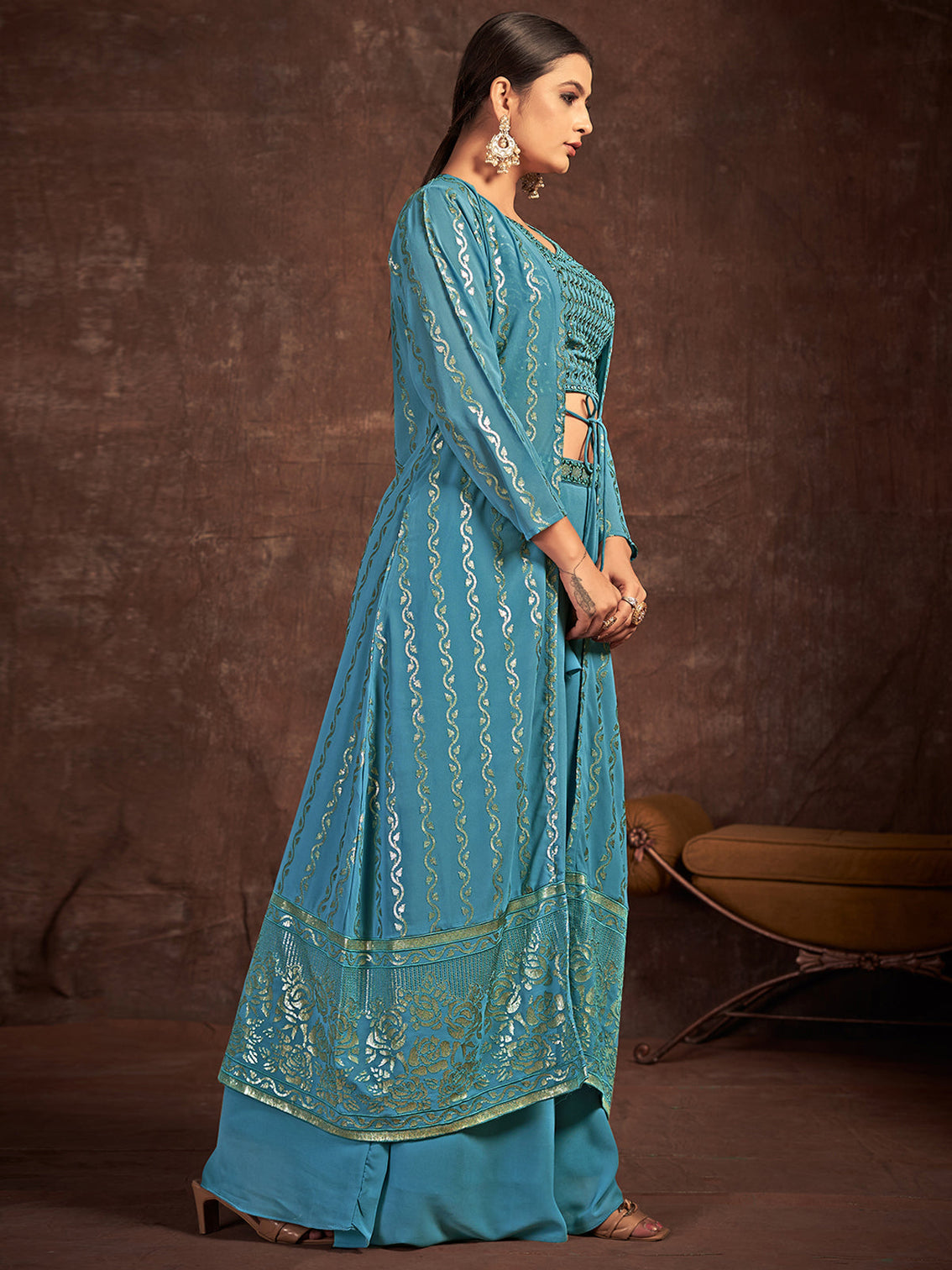 Teal Georgette Stitched Sequins Indo Western