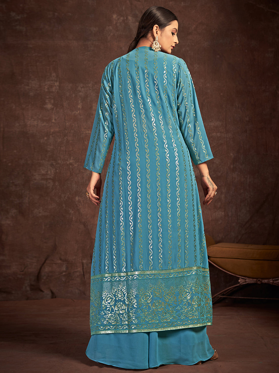 Teal Georgette Stitched Sequins Indo Western
