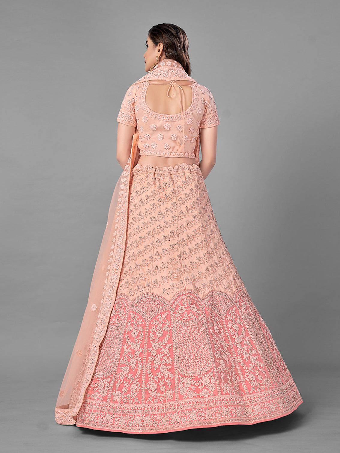 Peach Soft Net Semi Stitched Lehenga With Unstitched Blouse