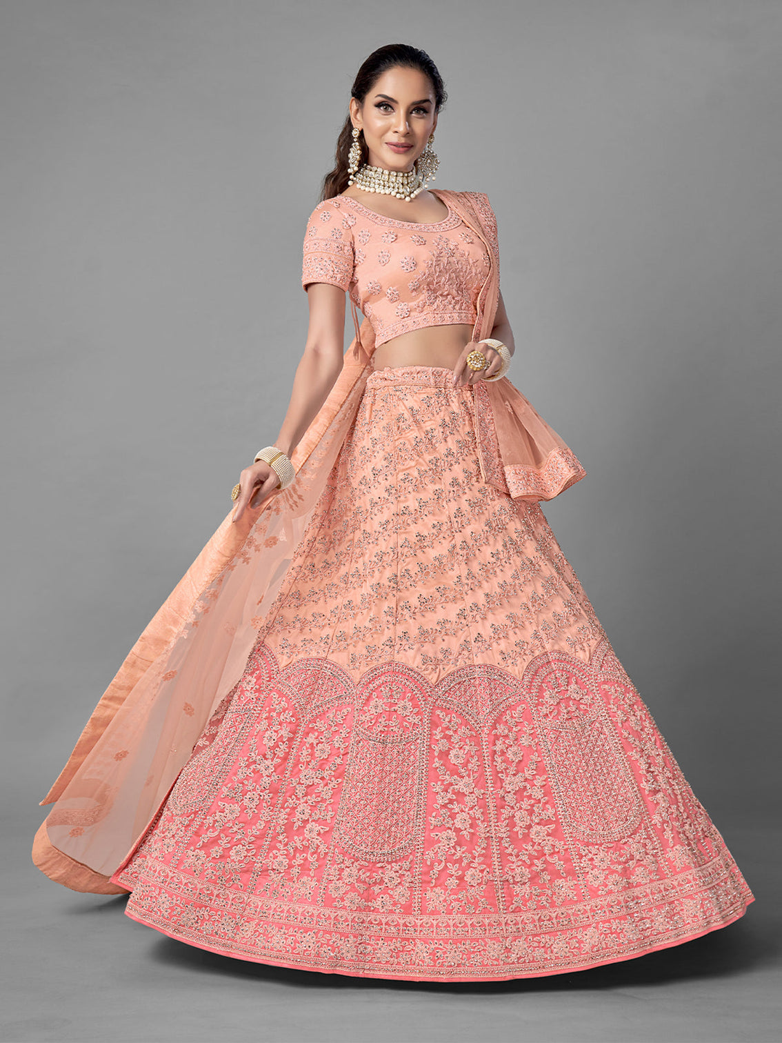 Peach Soft Net Semi Stitched Lehenga With Unstitched Blouse
