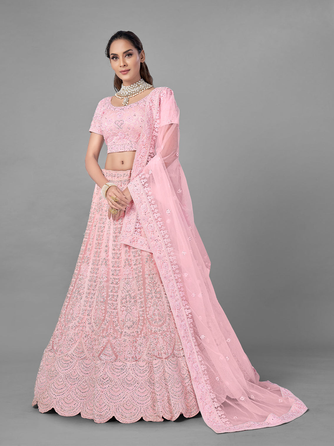 Pink Soft Net Semi Stitched Lehenga With Unstitched Blouse