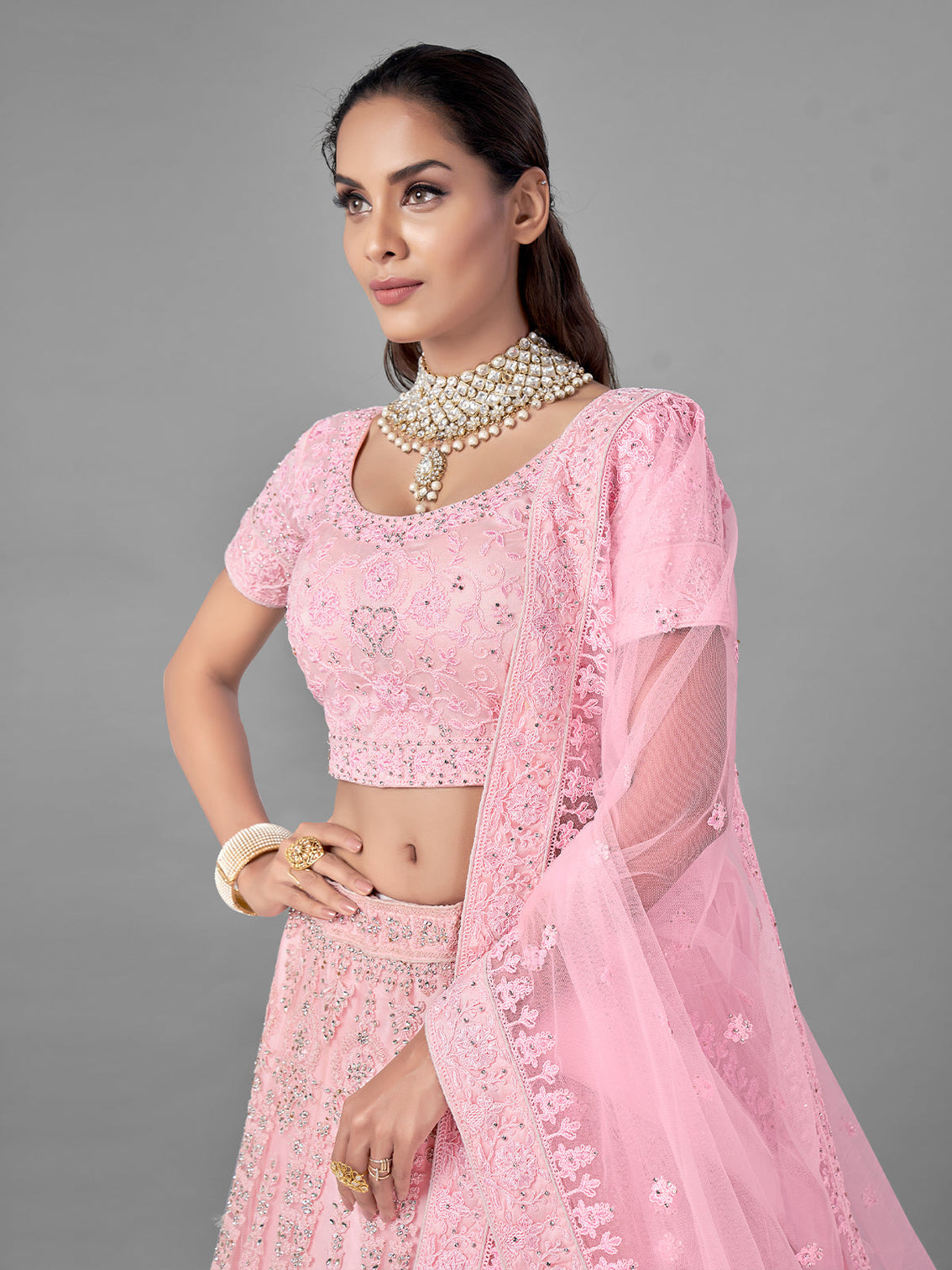Pink Soft Net Semi Stitched Lehenga With Unstitched Blouse