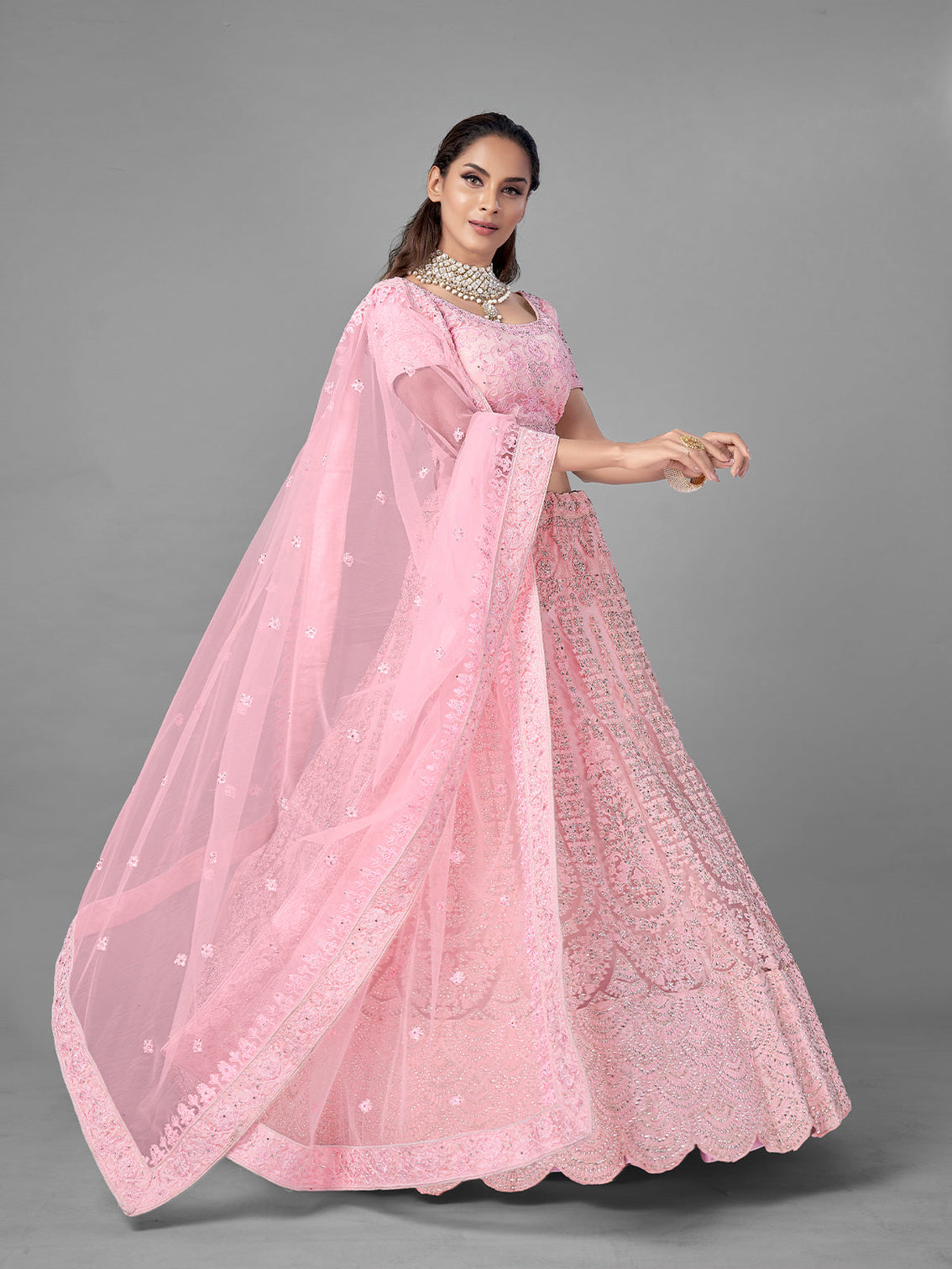 Pink Soft Net Semi Stitched Lehenga With Unstitched Blouse