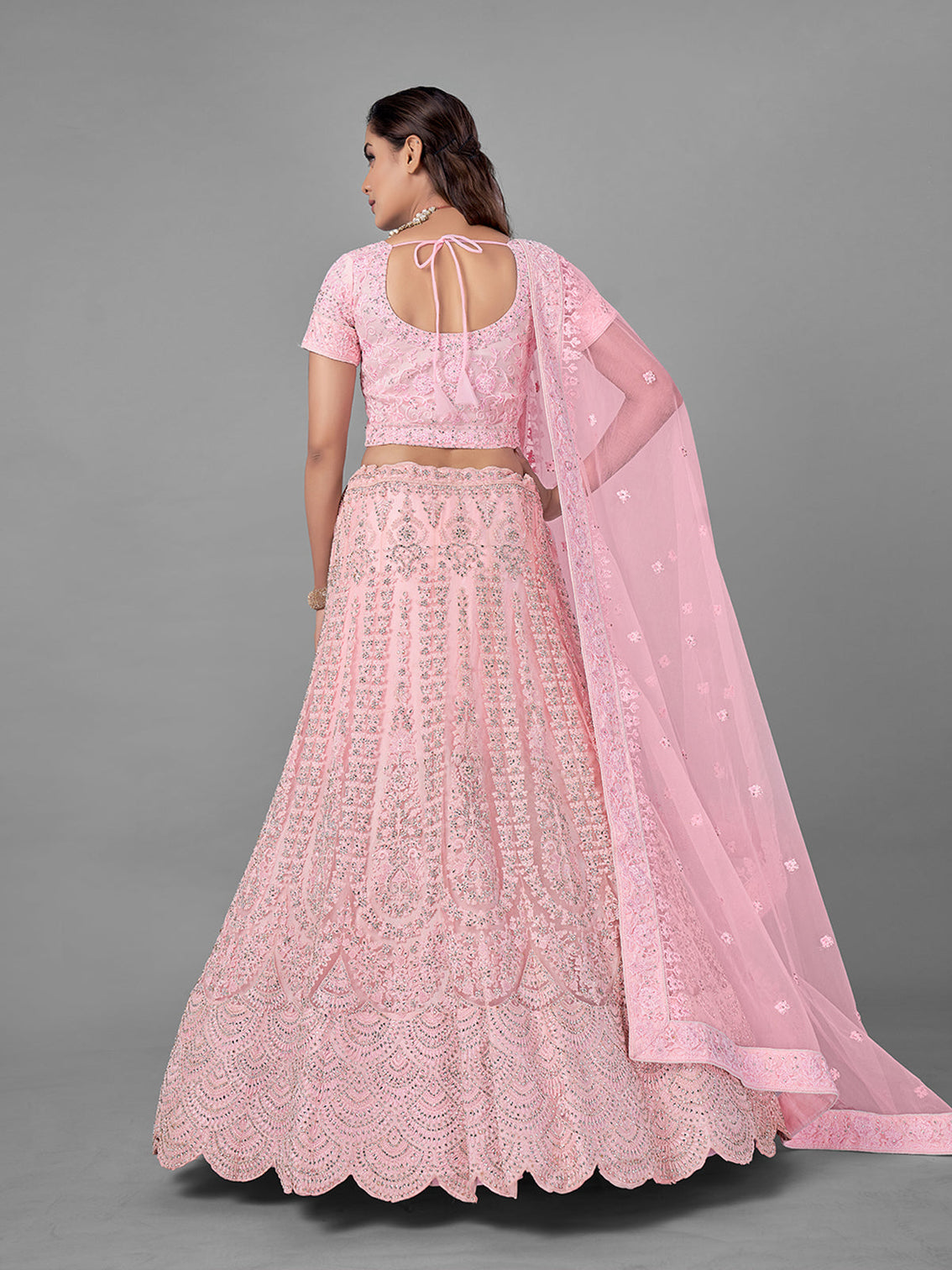 Pink Soft Net Semi Stitched Lehenga With Unstitched Blouse