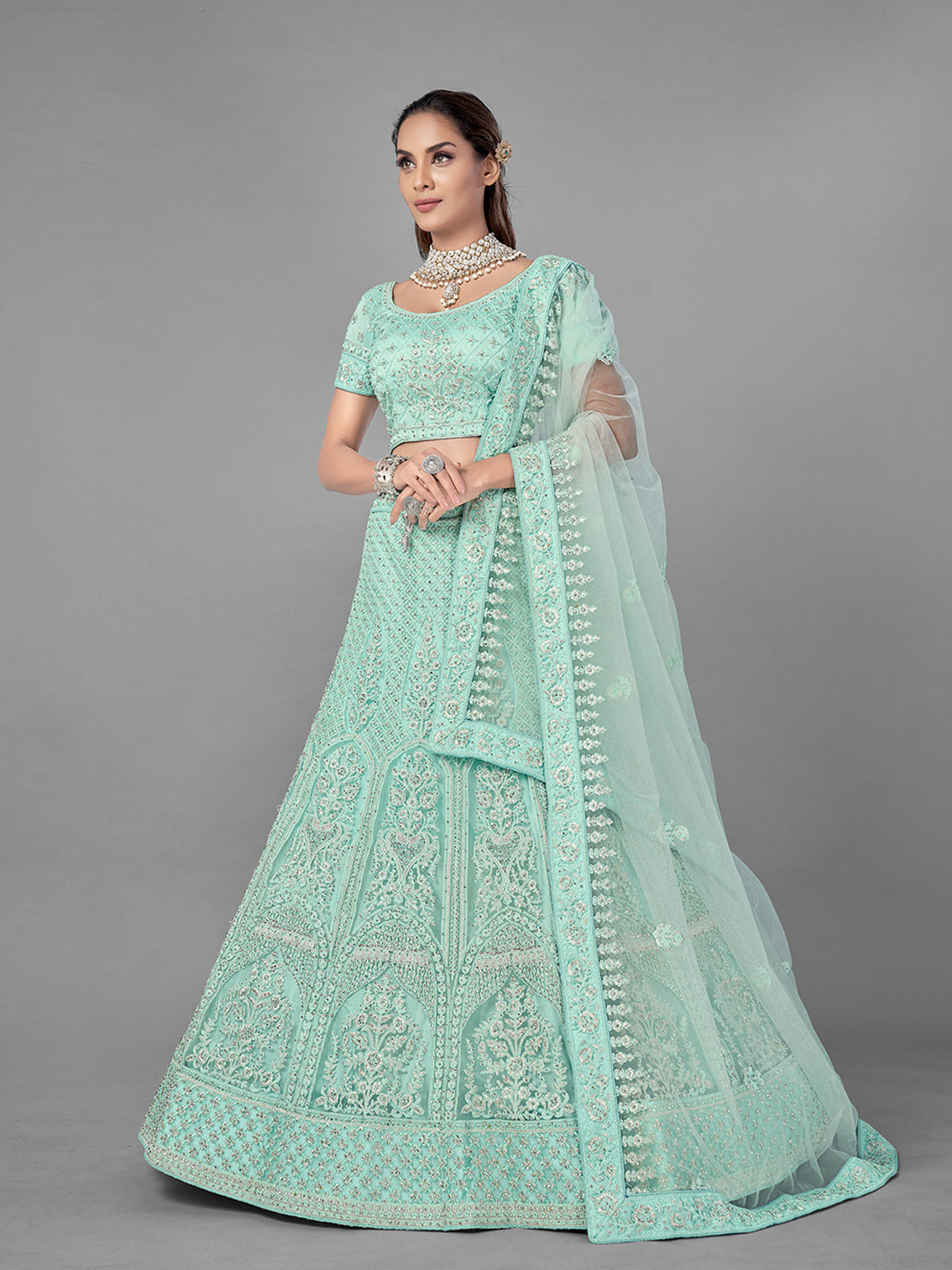 Sea Green Soft Net Semi Stitched Lehenga With Unstitched Blouse