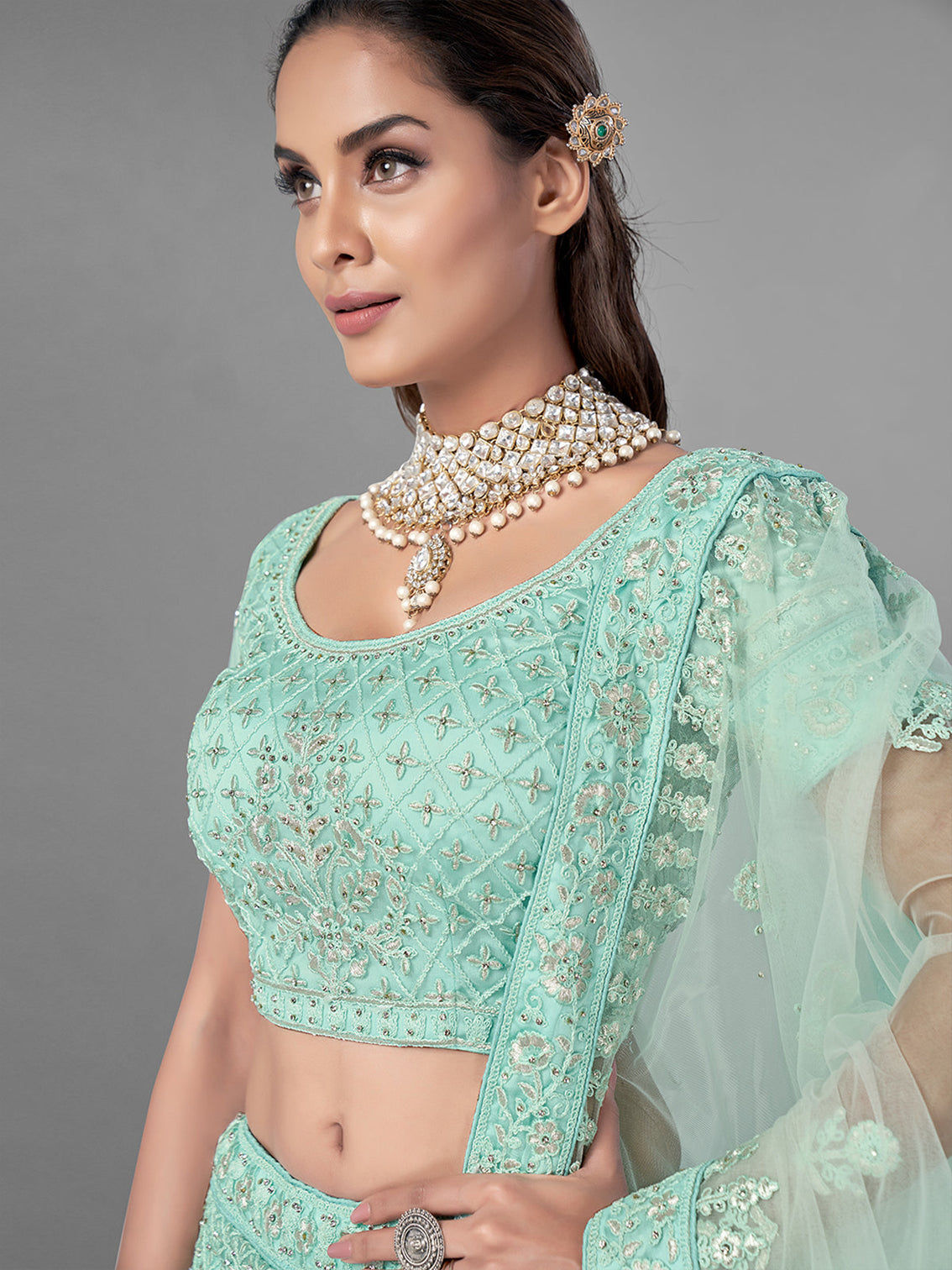 Sea Green Soft Net Semi Stitched Lehenga With Unstitched Blouse