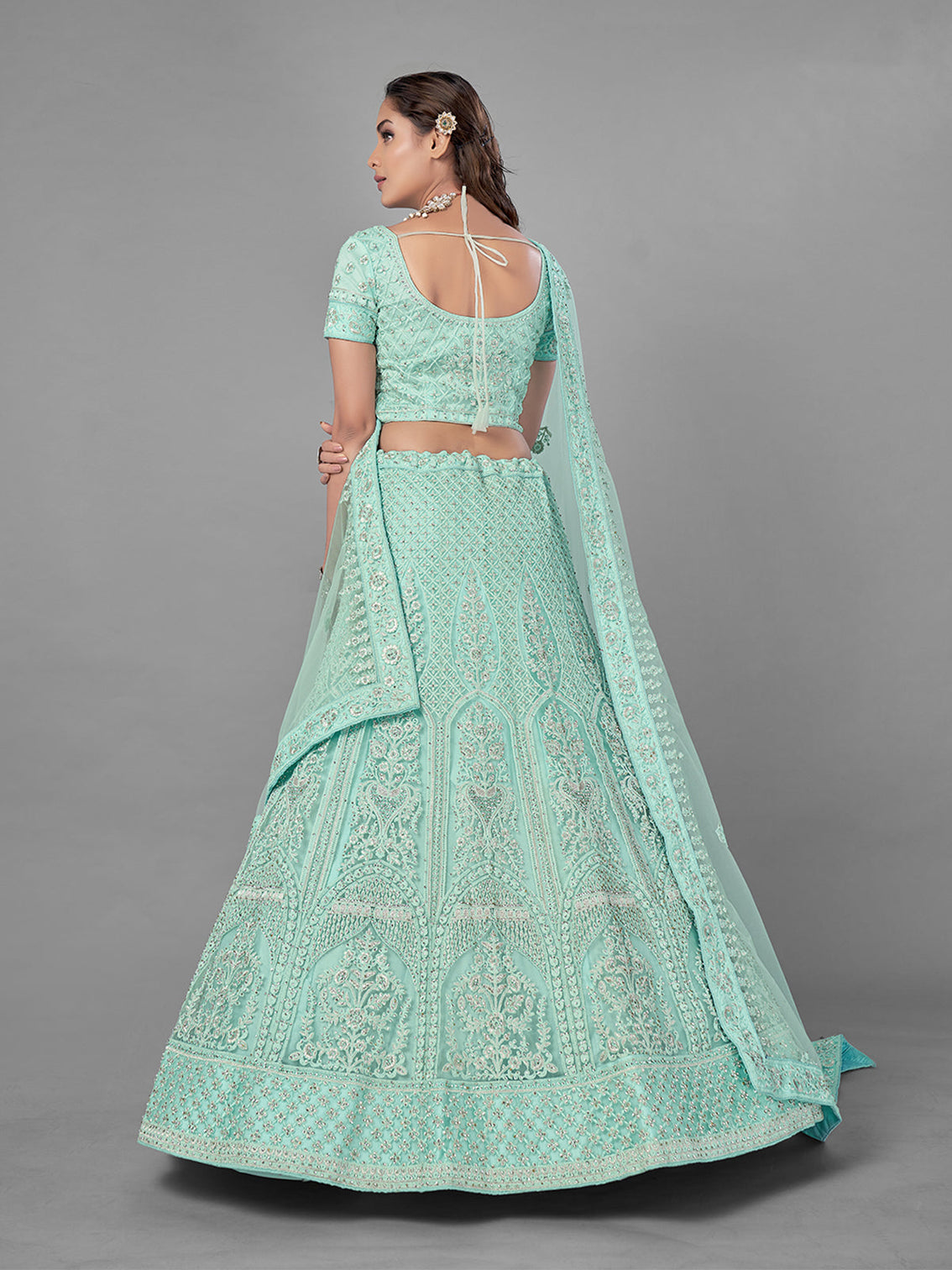 Sea Green Soft Net Semi Stitched Lehenga With Unstitched Blouse