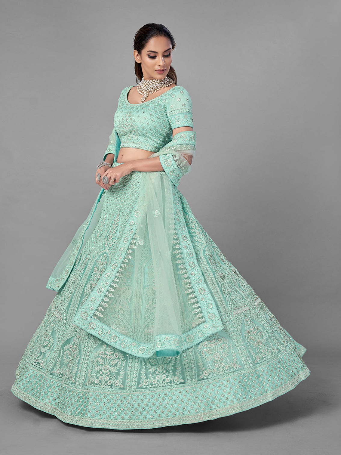 Sea Green Soft Net Semi Stitched Lehenga With Unstitched Blouse