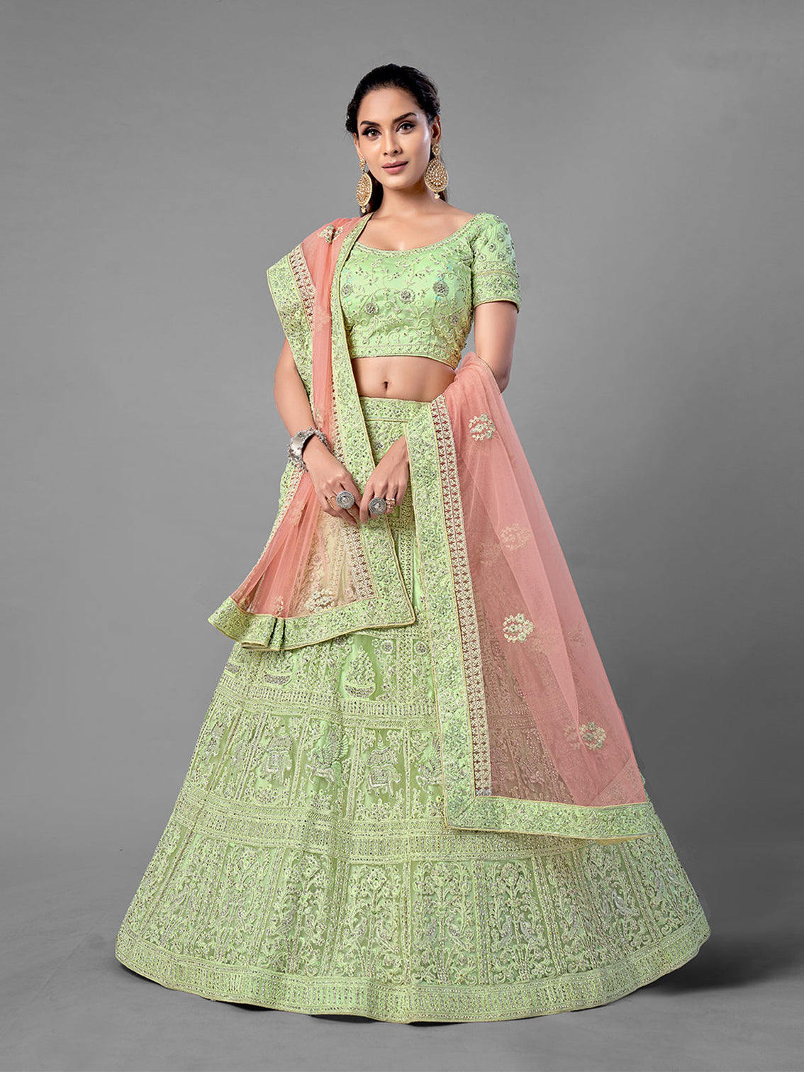 Green Embroidered Soft Net Semi Stitched Lehenga With Unstitched Blouse