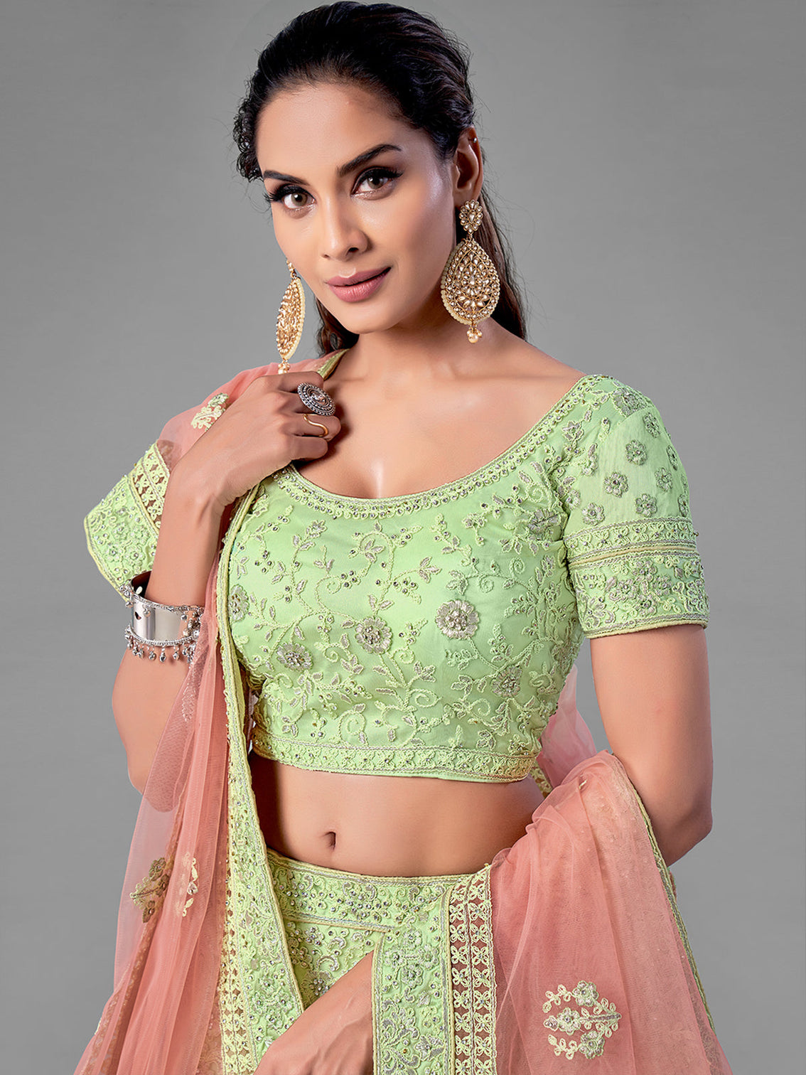 Green Embroidered Soft Net Semi Stitched Lehenga With Unstitched Blouse