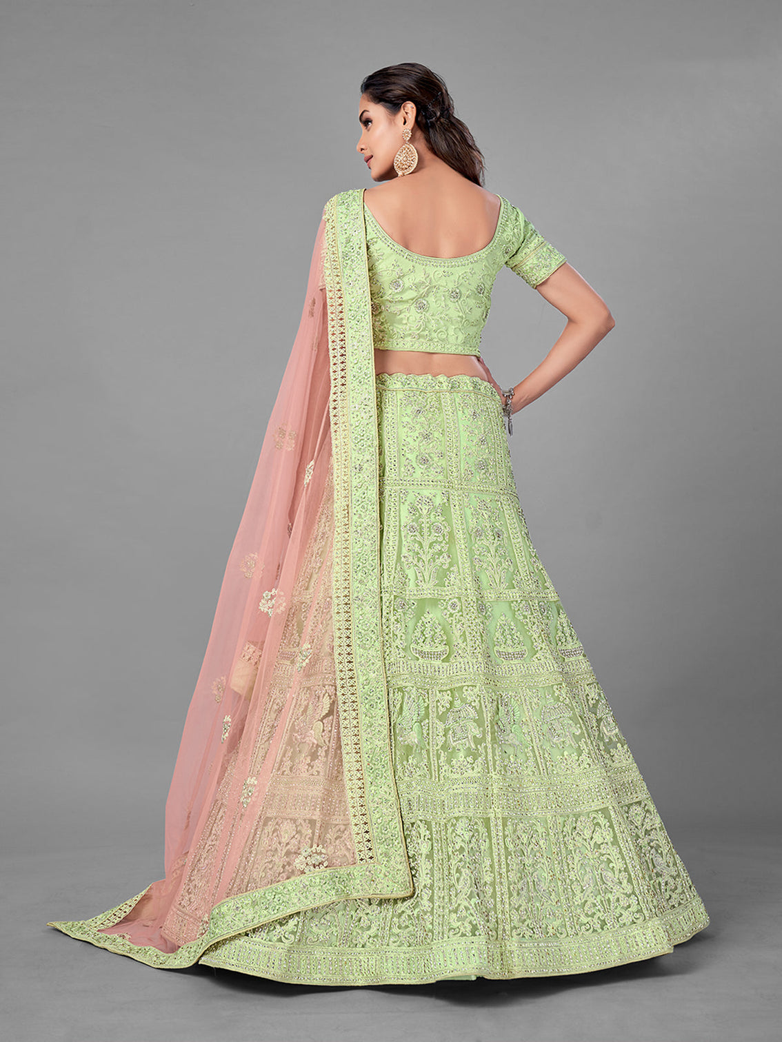 Green Embroidered Soft Net Semi Stitched Lehenga With Unstitched Blouse