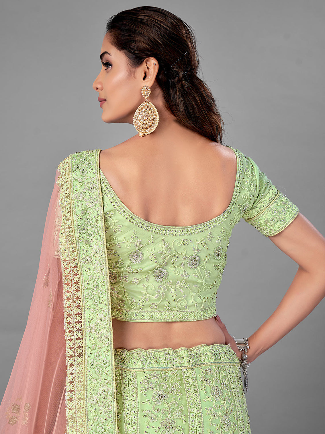 Green Embroidered Soft Net Semi Stitched Lehenga With Unstitched Blouse