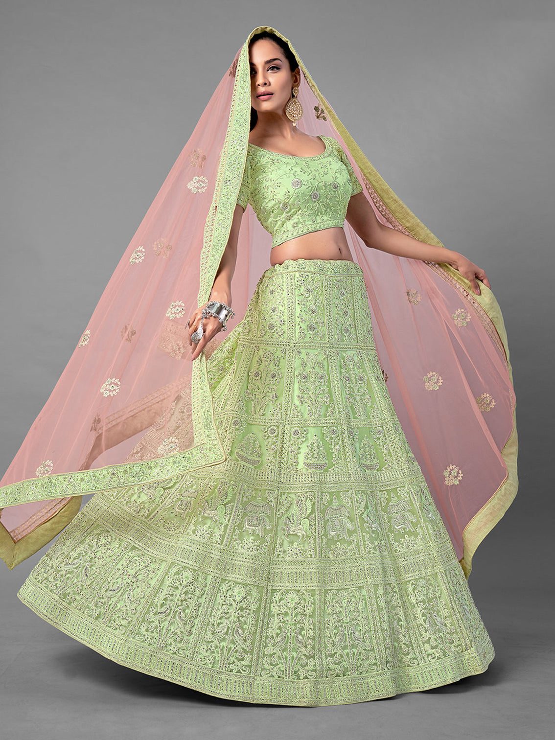 Green Embroidered Soft Net Semi Stitched Lehenga With Unstitched Blouse