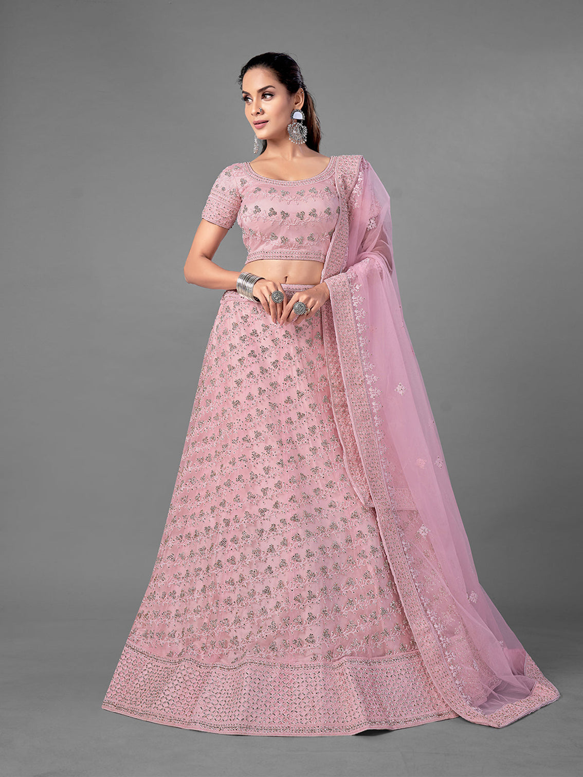 Pink Embroidered Semi Stitched Lehenga With Unstitched Blouse
