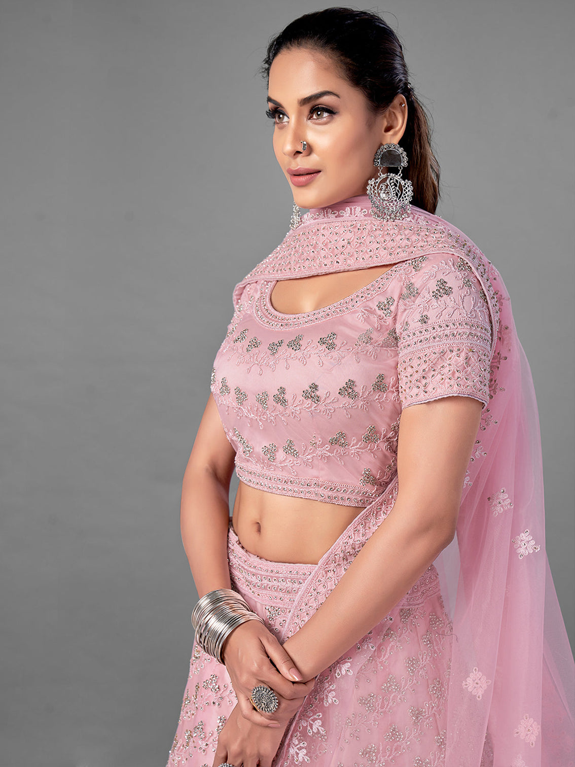 Pink Embroidered Semi Stitched Lehenga With Unstitched Blouse