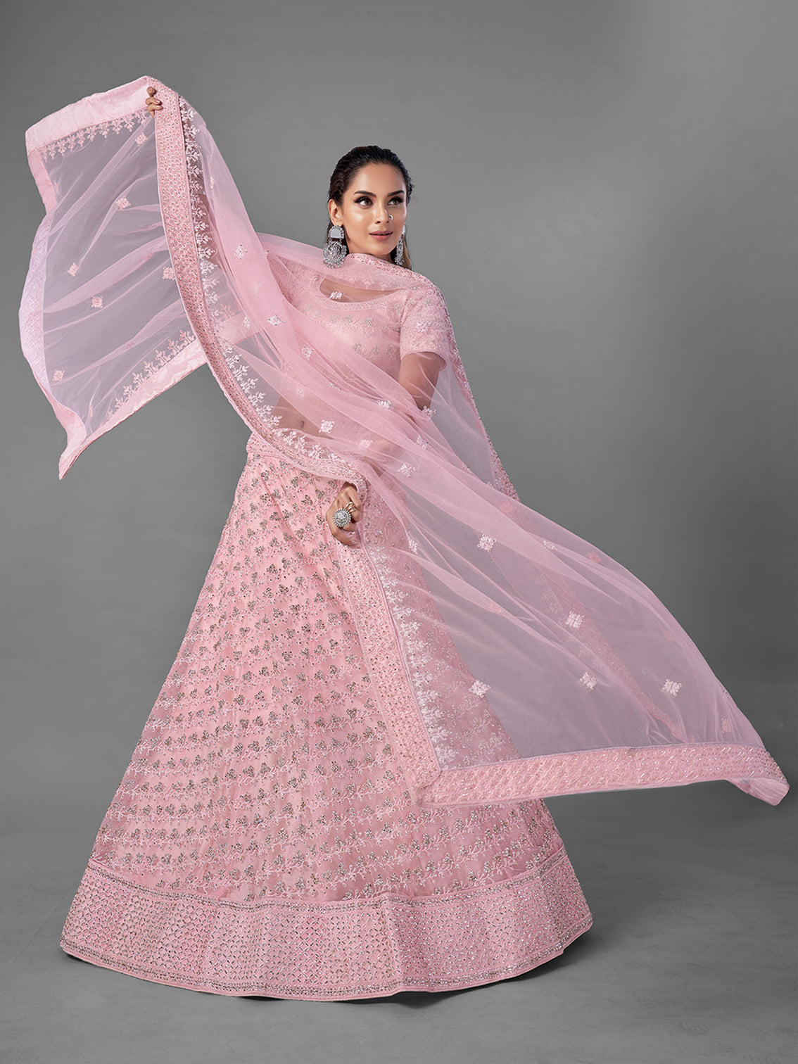 Pink Embroidered Semi Stitched Lehenga With Unstitched Blouse