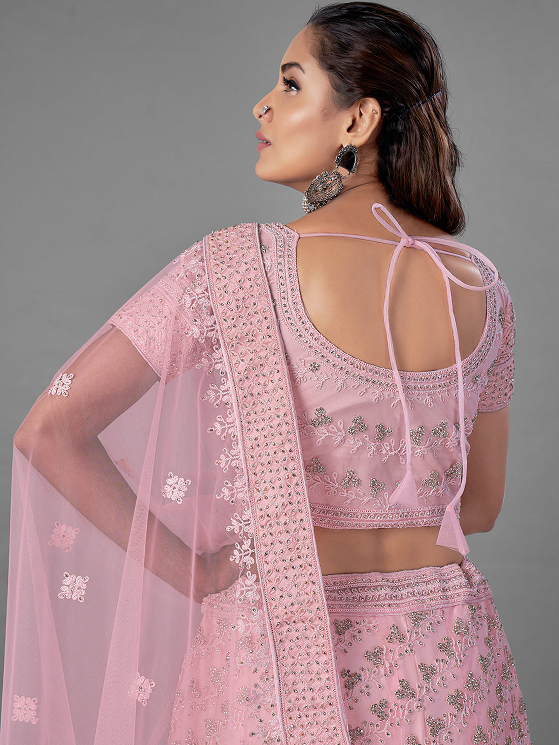 Pink Embroidered Semi Stitched Lehenga With Unstitched Blouse