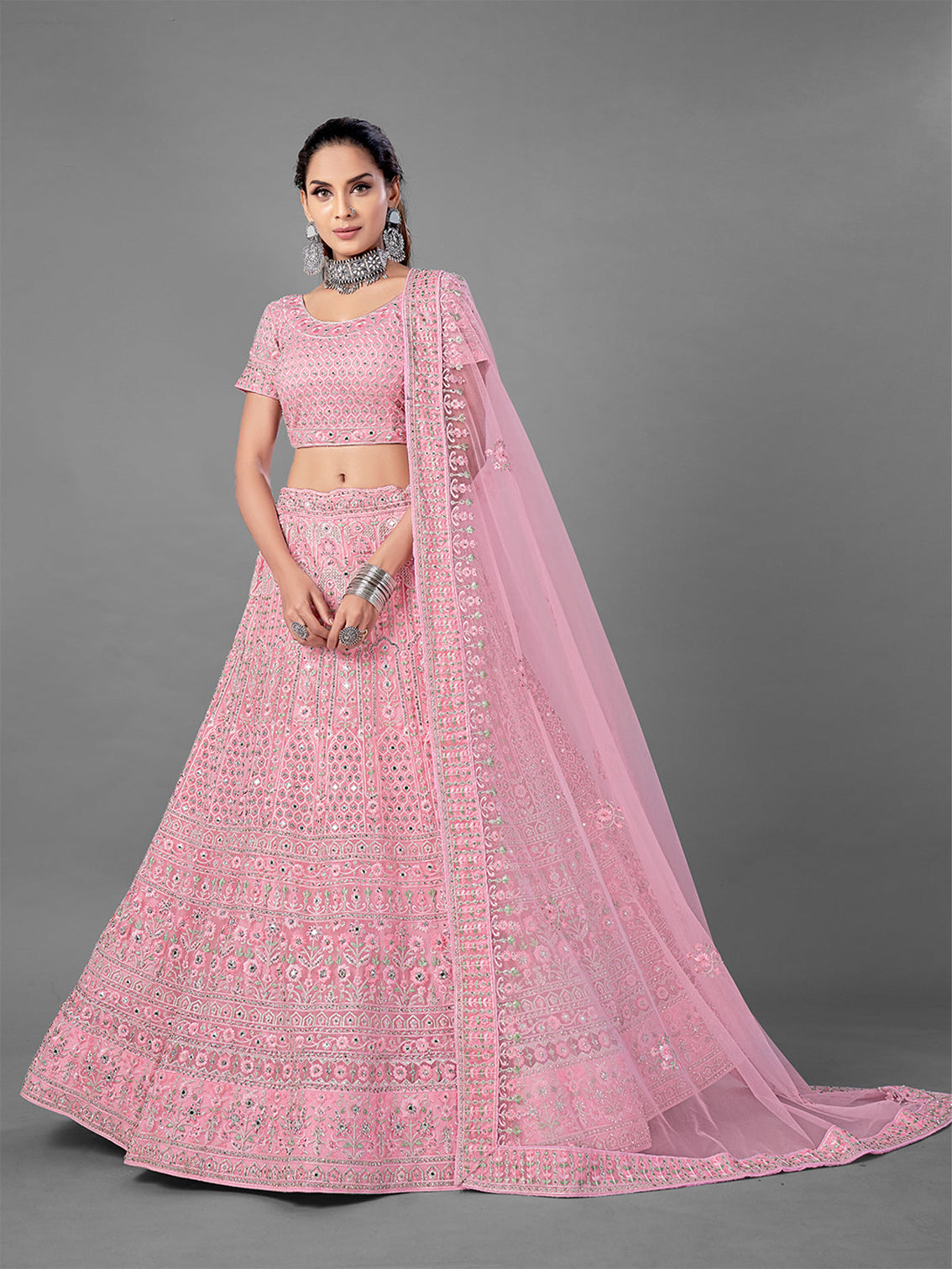 Pink Soft Net Semi Stitched Lehenga With Unstitched Blouse