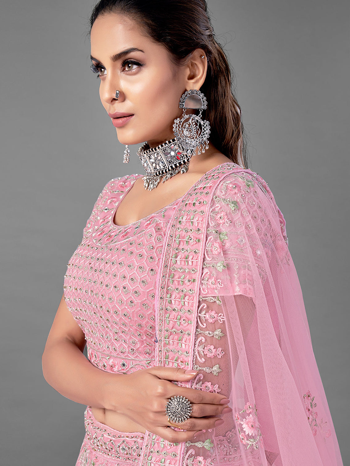 Pink Soft Net Semi Stitched Lehenga With Unstitched Blouse