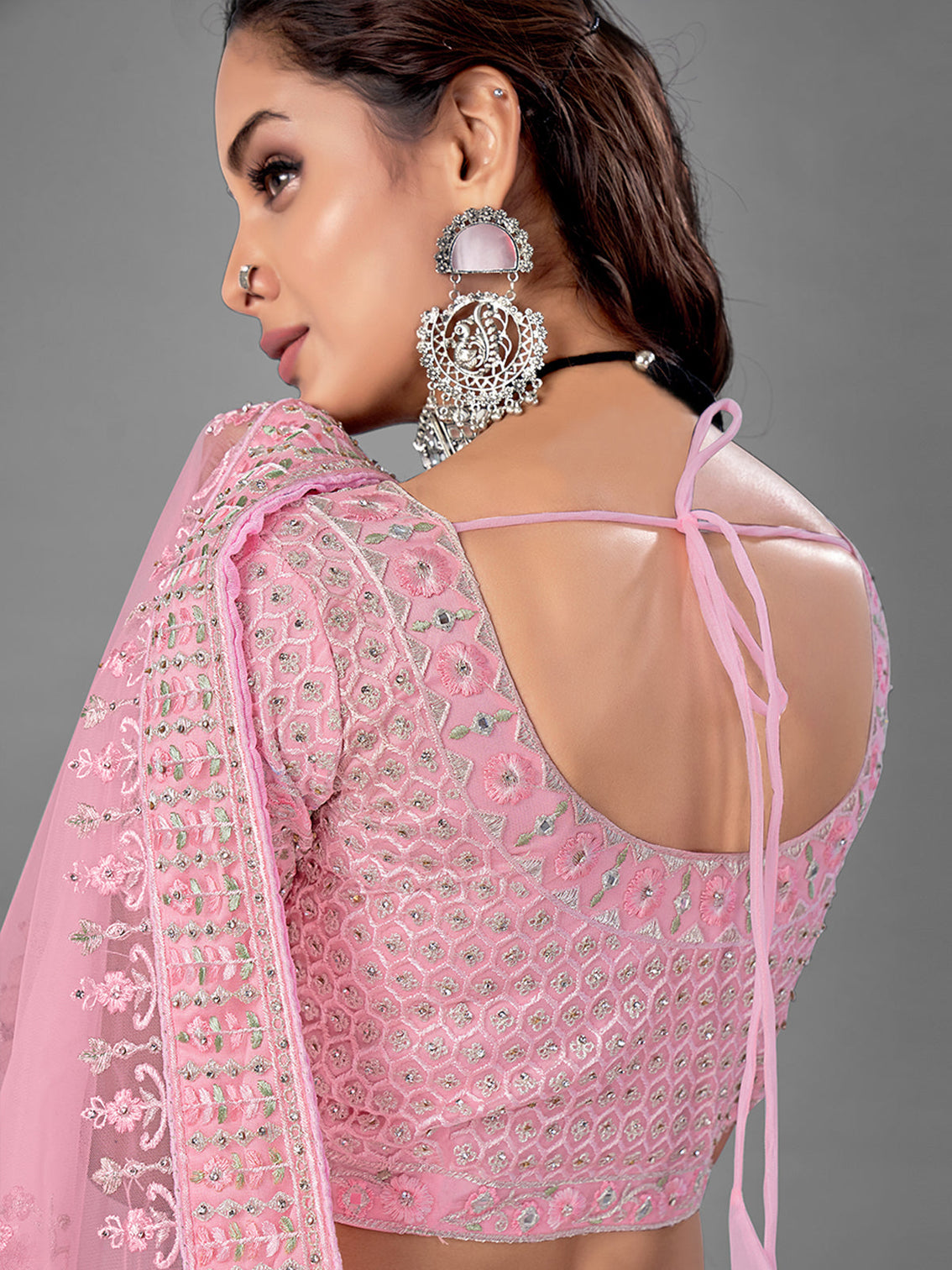 Pink Soft Net Semi Stitched Lehenga With Unstitched Blouse
