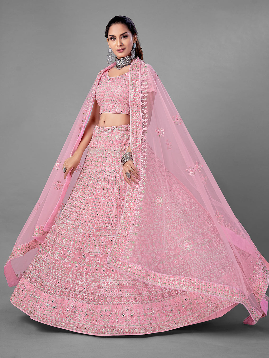 Pink Soft Net Semi Stitched Lehenga With Unstitched Blouse