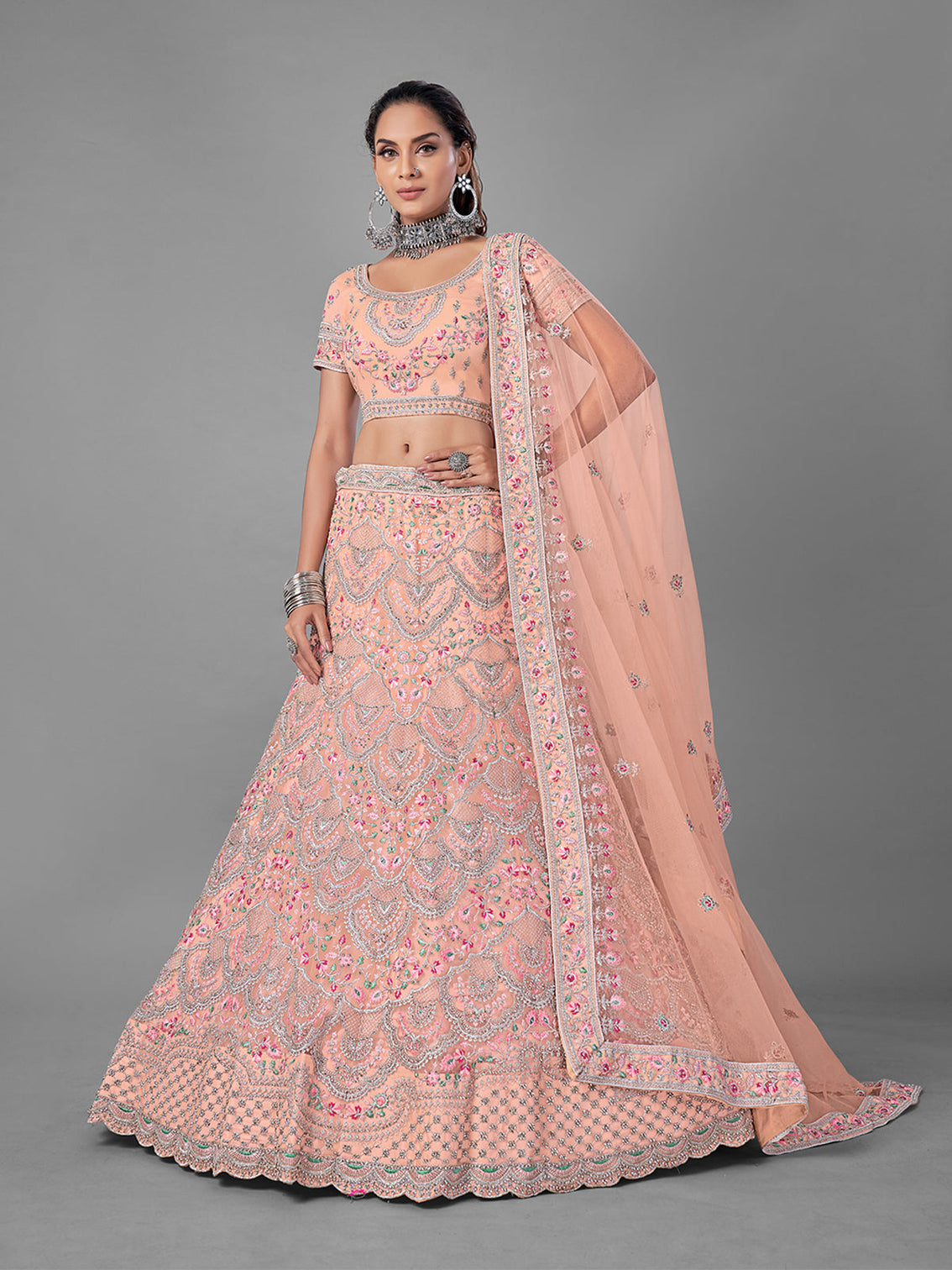 Peach Embroidered Soft Net Semi Stitched Lehenga With Unstitched Blouse