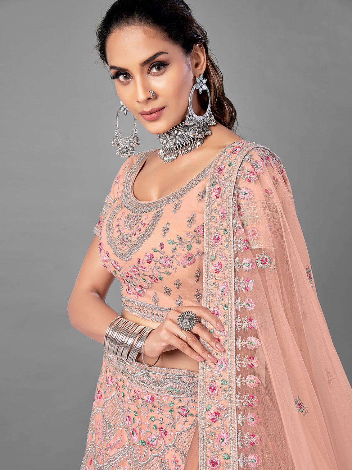 Peach Embroidered Soft Net Semi Stitched Lehenga With Unstitched Blouse