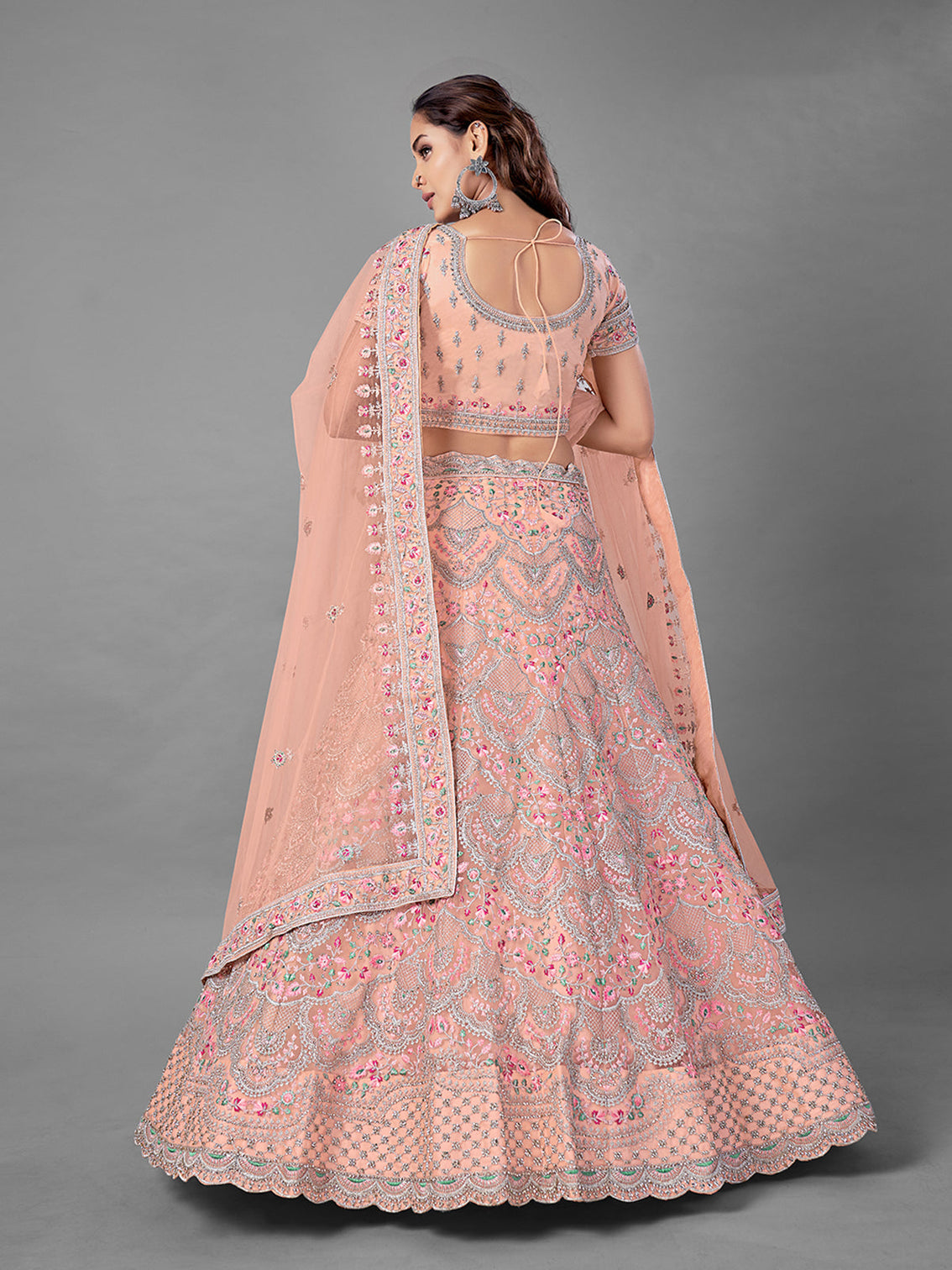 Peach Embroidered Soft Net Semi Stitched Lehenga With Unstitched Blouse