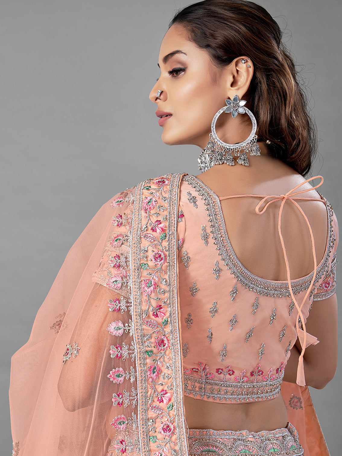 Peach Embroidered Soft Net Semi Stitched Lehenga With Unstitched Blouse