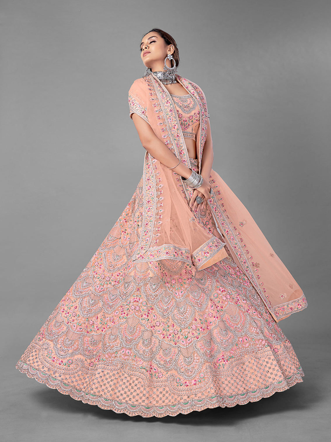 Peach Embroidered Soft Net Semi Stitched Lehenga With Unstitched Blouse