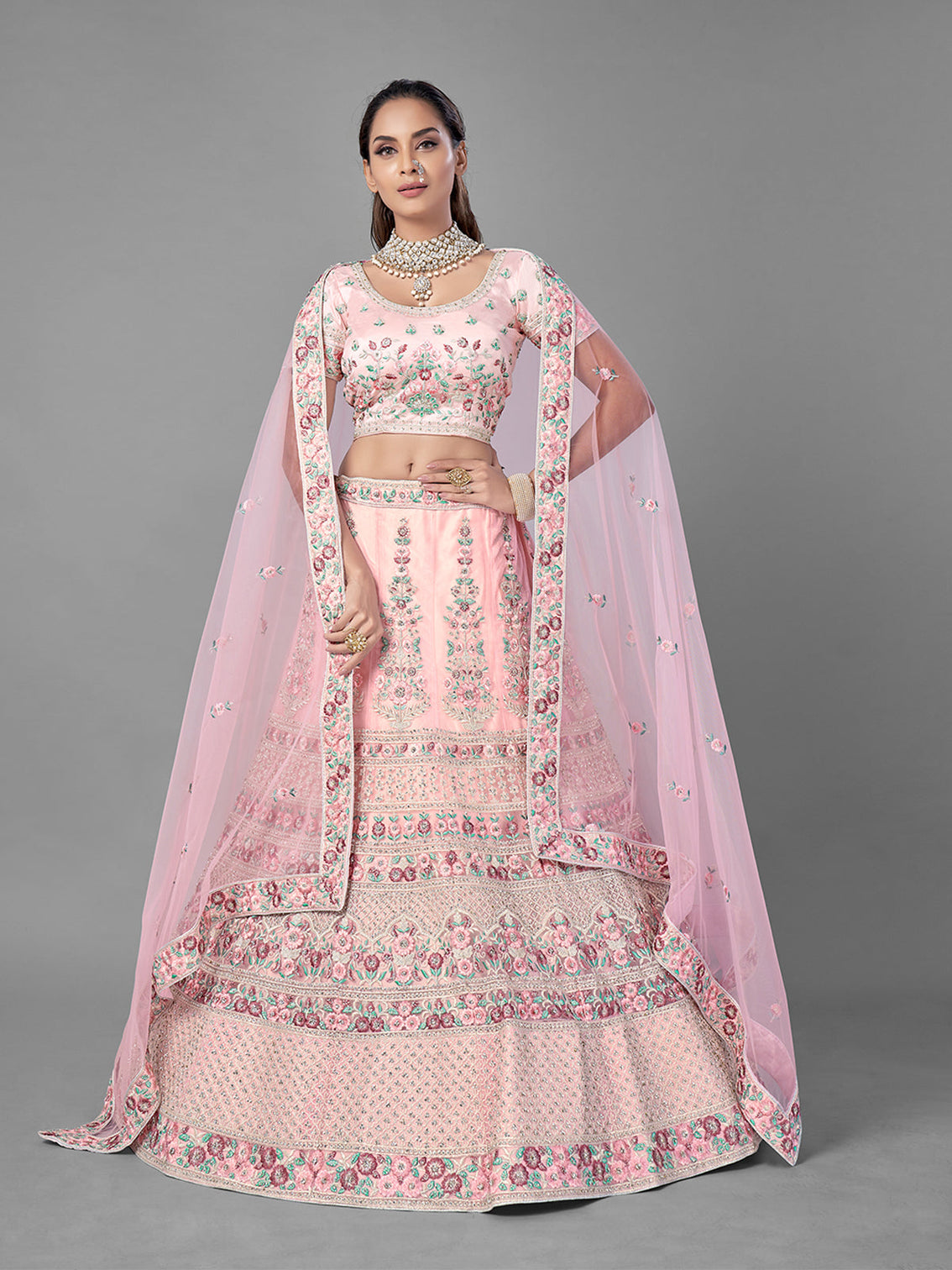 Pink Soft Net Semi Stitched Lehenga With Unstitched Blouse