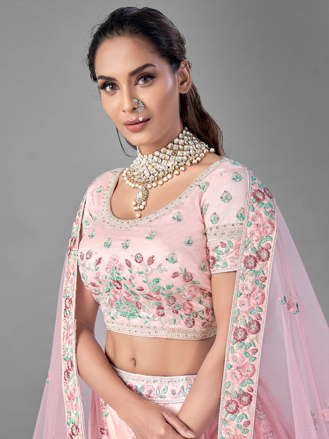 Pink Soft Net Semi Stitched Lehenga With Unstitched Blouse